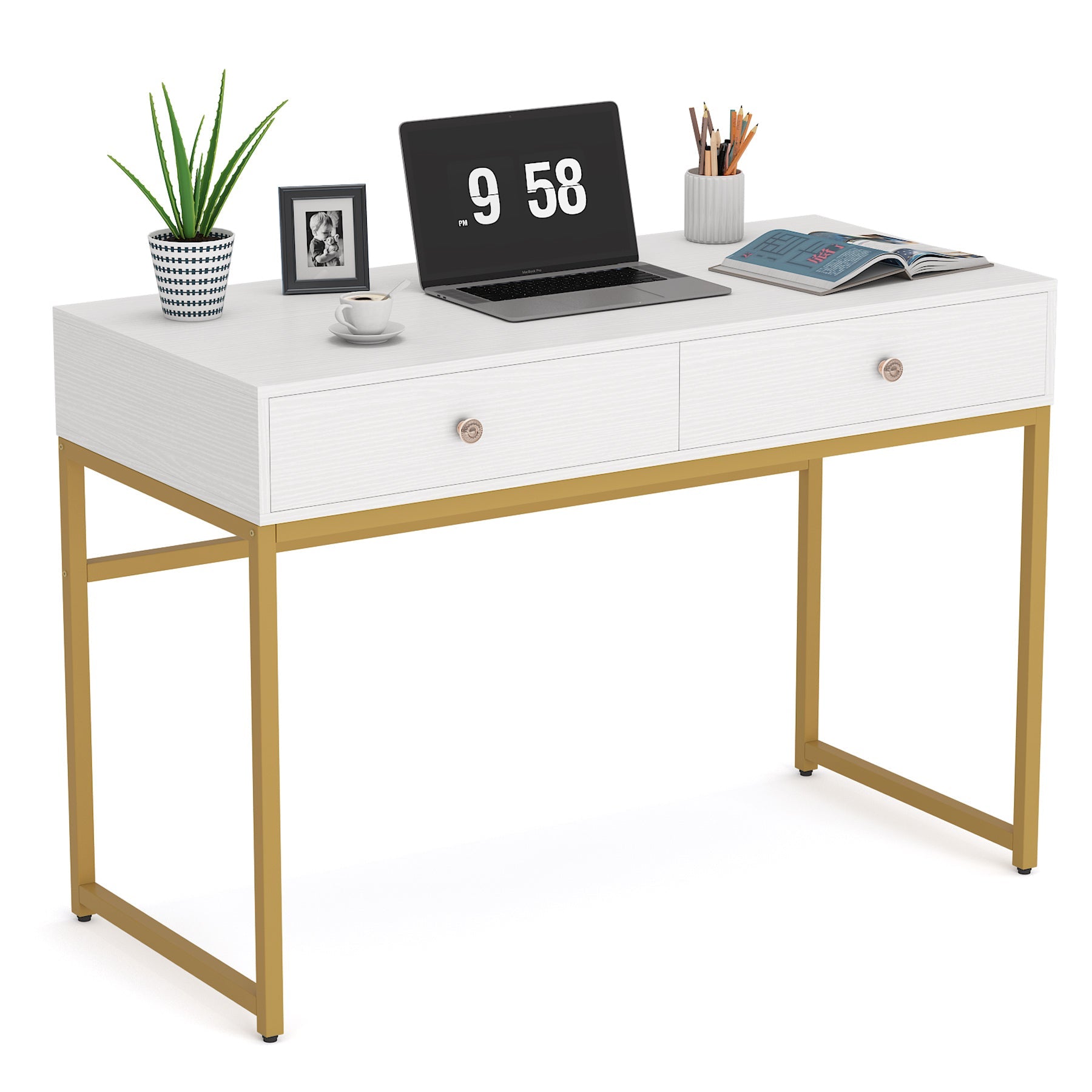 Modern Computer Desk with 2 Drawers, 120 cm Simple Study Writing Desk