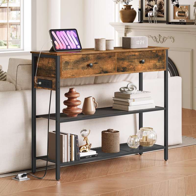 100 cm Narrow Console Table, 2 Drawer Console Table, Entry Table with Charging Station, Small Entry Table with Storage Rack, Thin Sofa Table, Side Table, Suitable for Living Room and Corridor