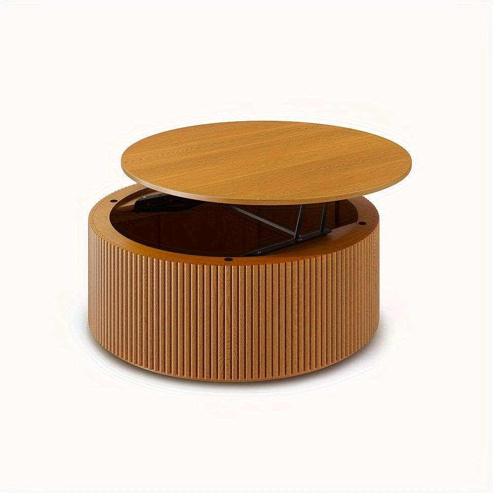 Round Lift Top Coffee Table Wooden Walnut With Hidden Storage Space For Living Room