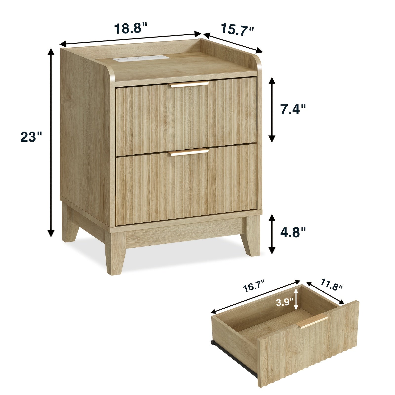 Modern Wood Bedside Table With 2 Drawers And Storage, Farmhouse Fluted Nightstand With Charging Station For Bedroom Or Living Room