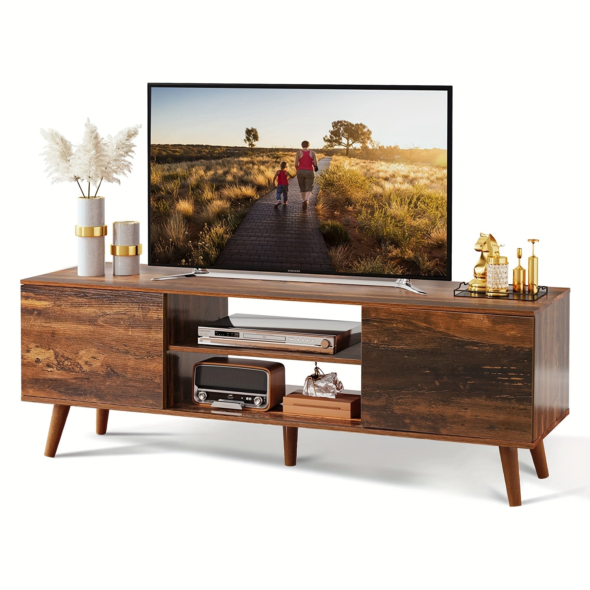 TV Stand For 55 60 Inch TV, Boho Entertainment Center With Storage Cabinets, TV Console For Living Room Decor