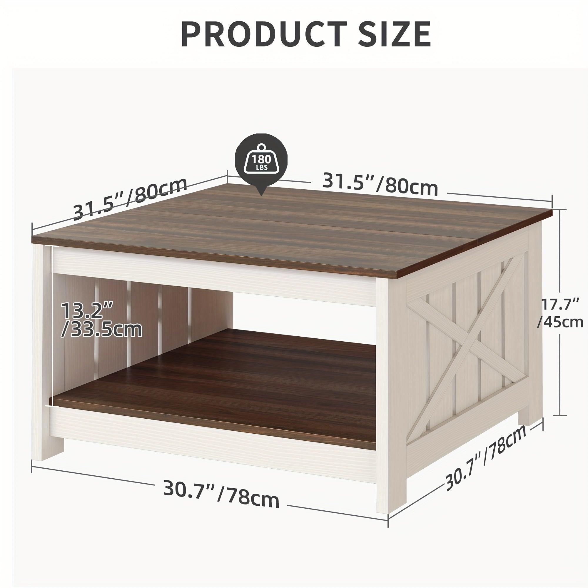 Farmhouse Coffee Table with Storage: Solid Wood Square Design for Living Room