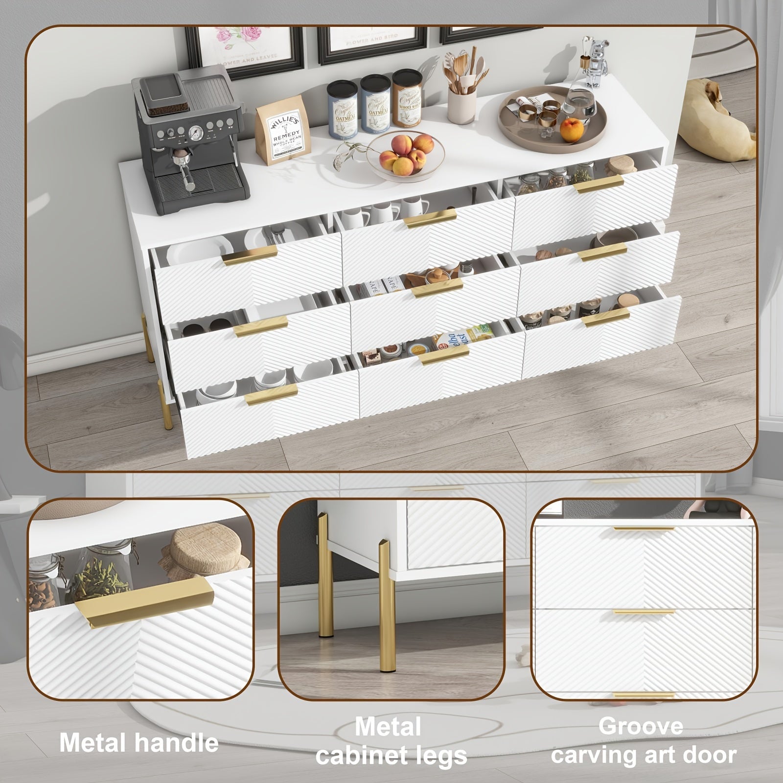 Modern White and Golden Bedroom Dresser with 9 Drawers, Metal Feet, and Golden Pulls - Hardwood Fiberboard Storage Cabinet for Hallway, Entryway, Living Room