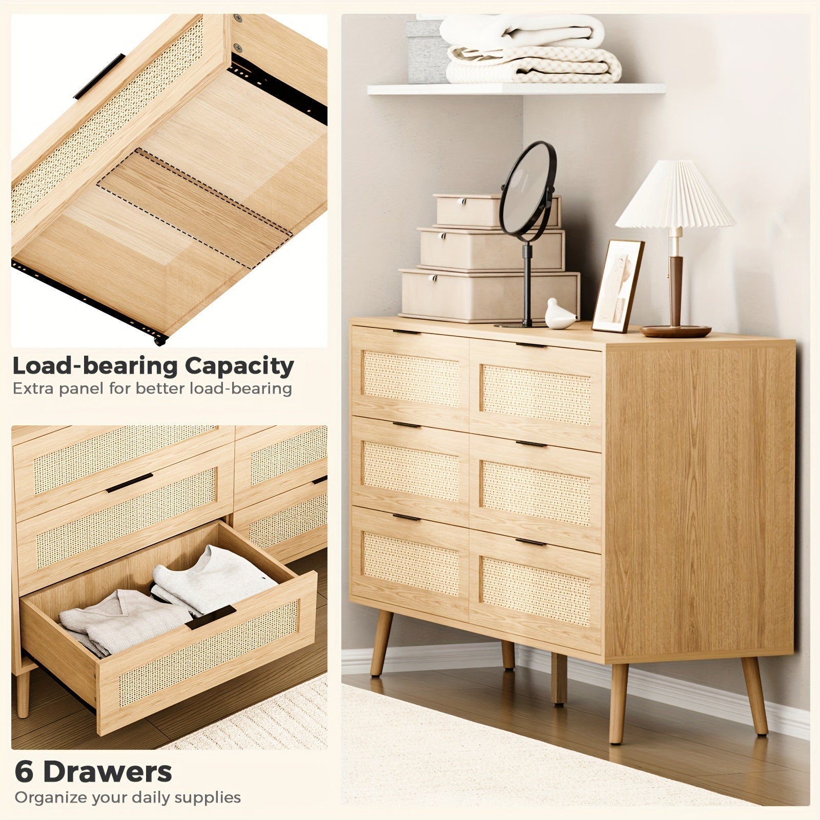 Natural Rattan Dresser for Bedroom with 6 Drawer, Wood Durable Dressers & chests of Drawers with Black Handles, Handmade Natural Rattan Modern Storage Double Drawers for Bedroom, Closet, Living room Storage Drawer Units