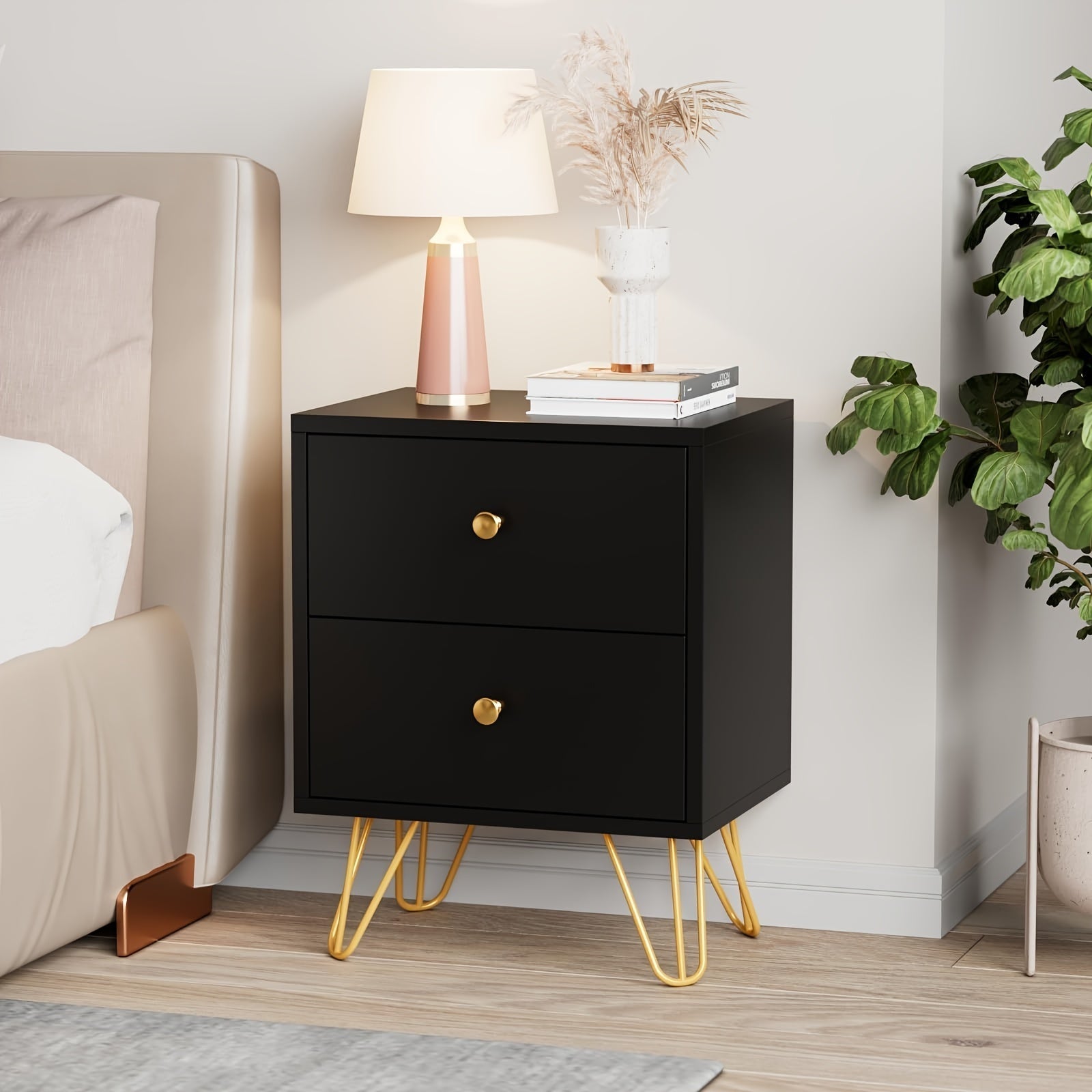 Set of 2 White Nightstands with Golden Metal Legs - Contemporary Double Drawer Bedside Tables, Lockable, 3.2+ Cubic Ft Storage, for Stylish Bedroom & Living Room Decor, Bedroom Decor And Accessories