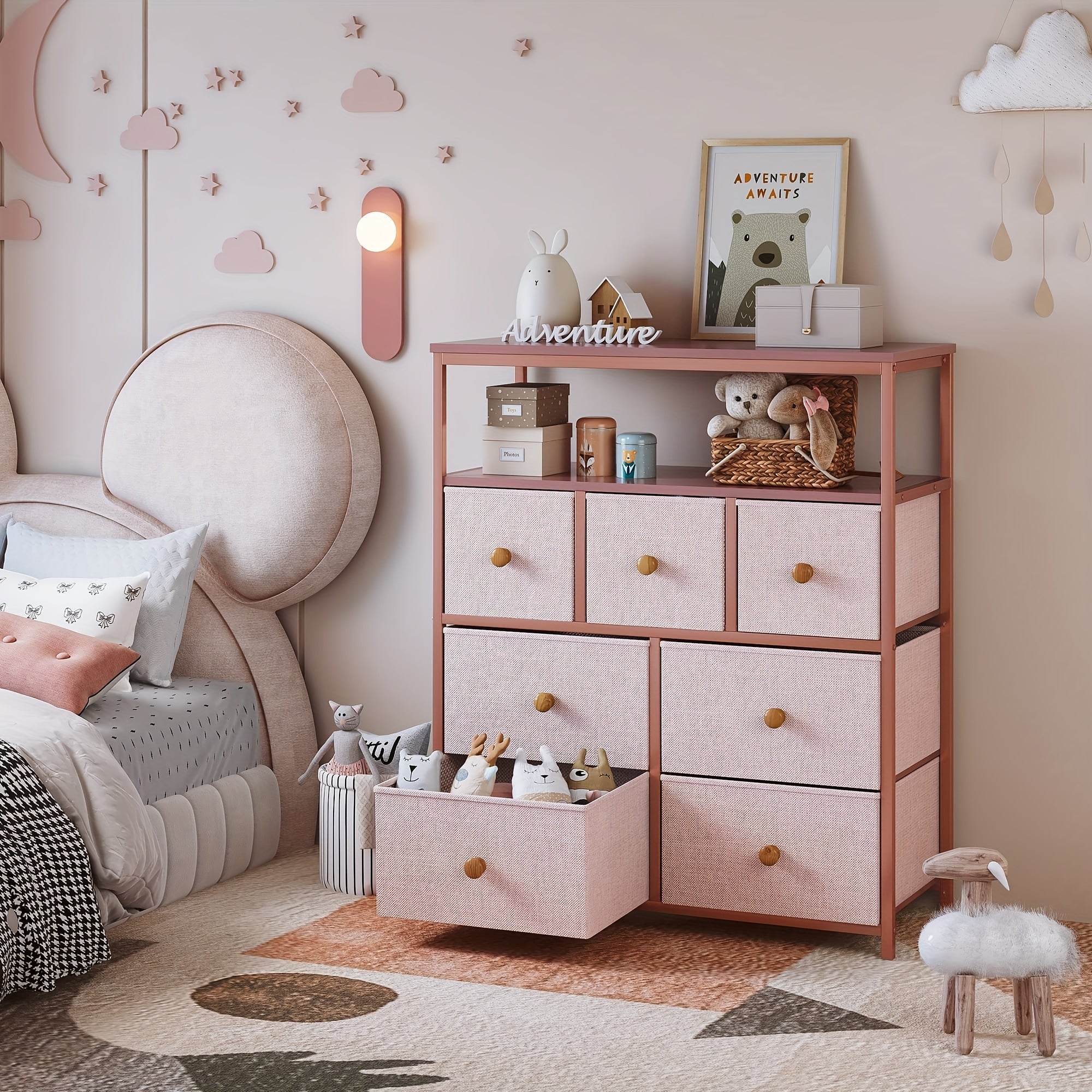 Pink Dresser, Dresser For Bedroom With 7 Drawers, Chests Of Drawers & Fabric Dresser For Bedroom With Wood Top And Metal Frame, Dresser For Living Room, Closet, Entryway