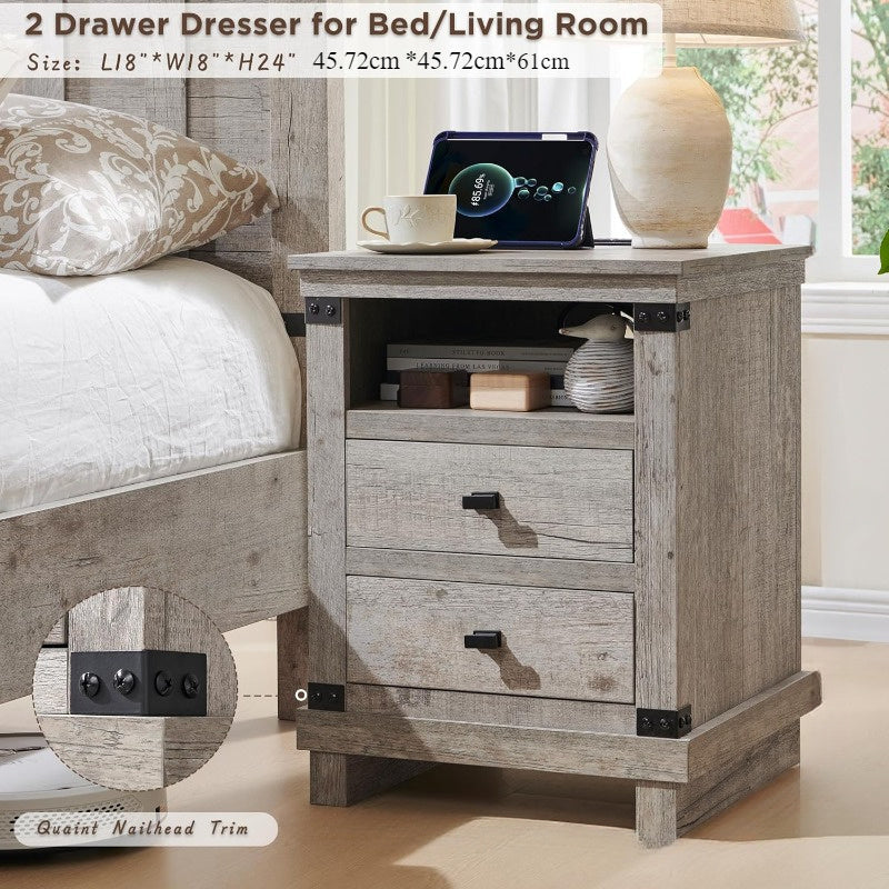 Rustic Farmhouse Nightstand with Charging Station - 18" Wood End Table with 2 Storage Drawers, Ideal for Bedroom & Living Room