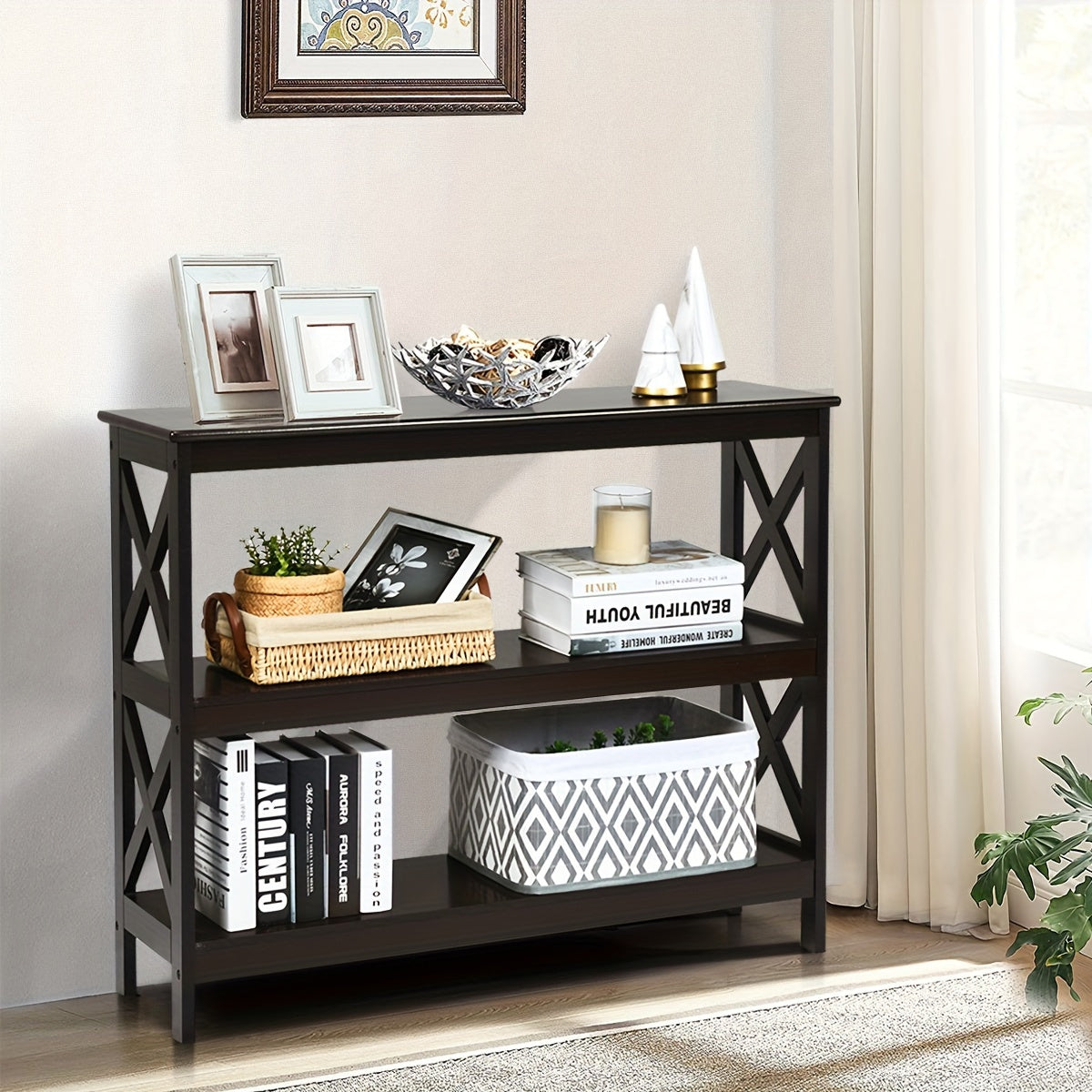 3-Tier Console Table X-Design Bookshelf Sofa Side Accent Table w/Shelf Espresso (76.2 cm)