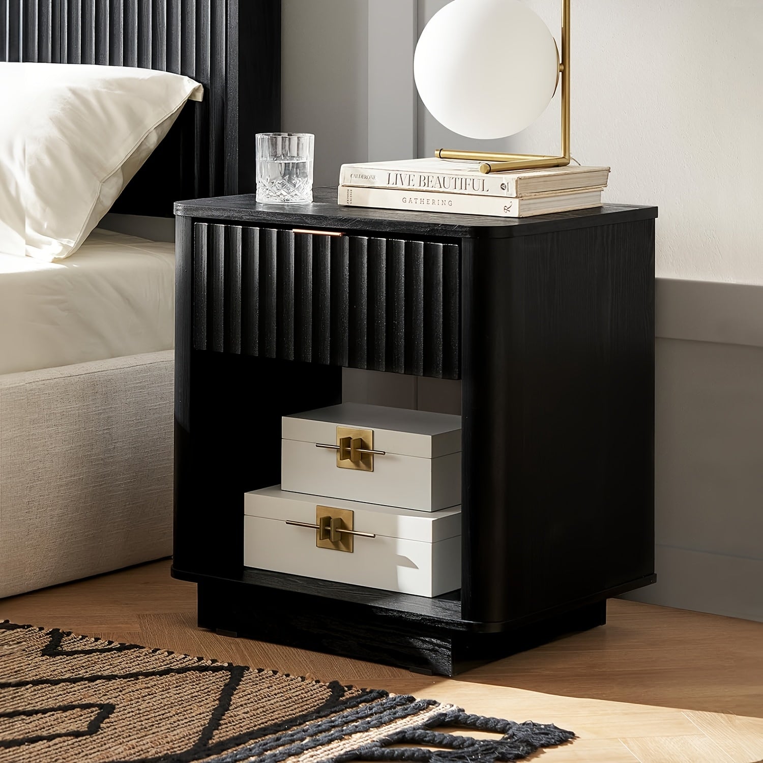 Chic Brooklyn Nightstand - Modern Farmhouse Style, Natural Hardwood with Fluted Panel & Curved Profile, Spacious Storage Drawer, Ideal for Bedroom or Guest Room, Bedroom Decor