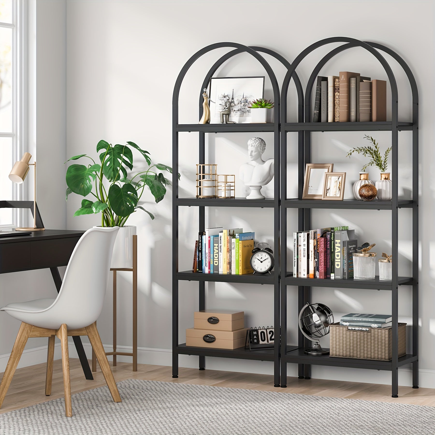 Industrial Arched 4-Tier Bookshelf: This 180cm Standing Bookcase Features A Metal Frame And Storage Shelves. It Serves As Both A Farmhouse Storage Rack And Stylish Addition To Your Living Room Or Home Office