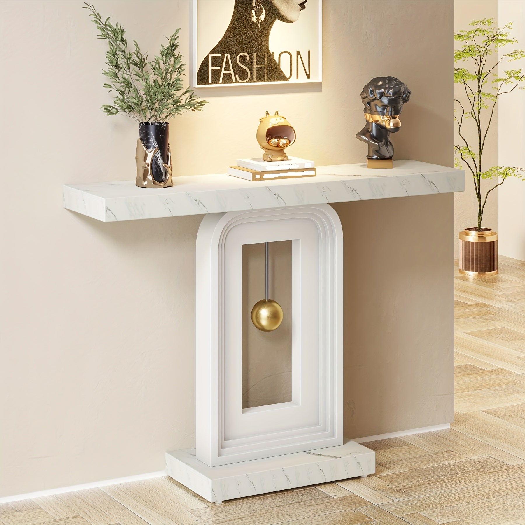 Modern Console Table with Pendulum Shape Base, 102 cm Narrow Sofa Entryway Table Behind The Couch, Contemporary Wood Accent Table for Living Room, Hallway, Entrance, Faux Marble White, Christmas Gifts