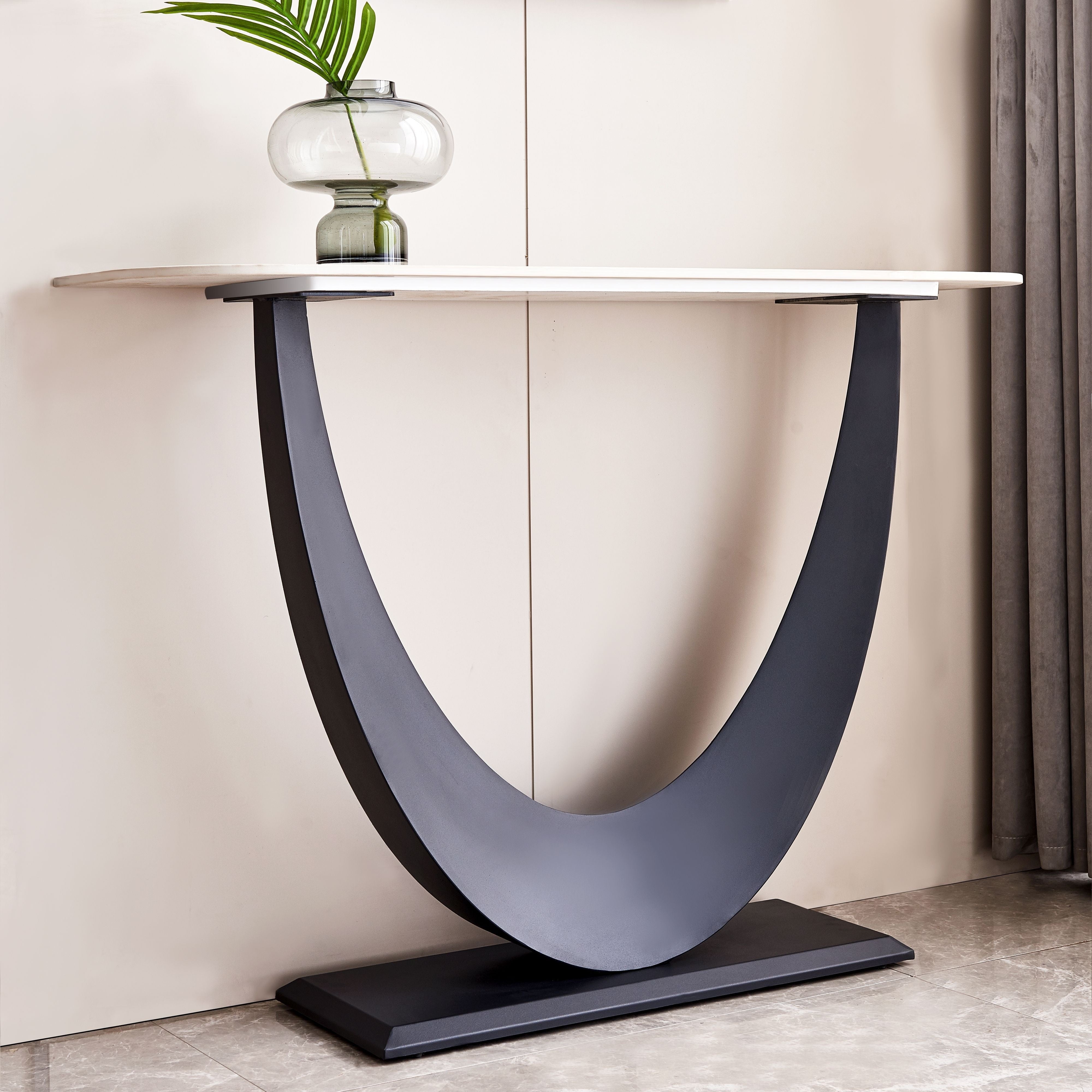 Modern Entryway Table, 120 cm Sintered Stone Narrow Entrance Sofa Table, Moon Shape Design Decorative Table with Metallic Golden Base, Luxury Entryway Table for Hallway Living Room Bedroom