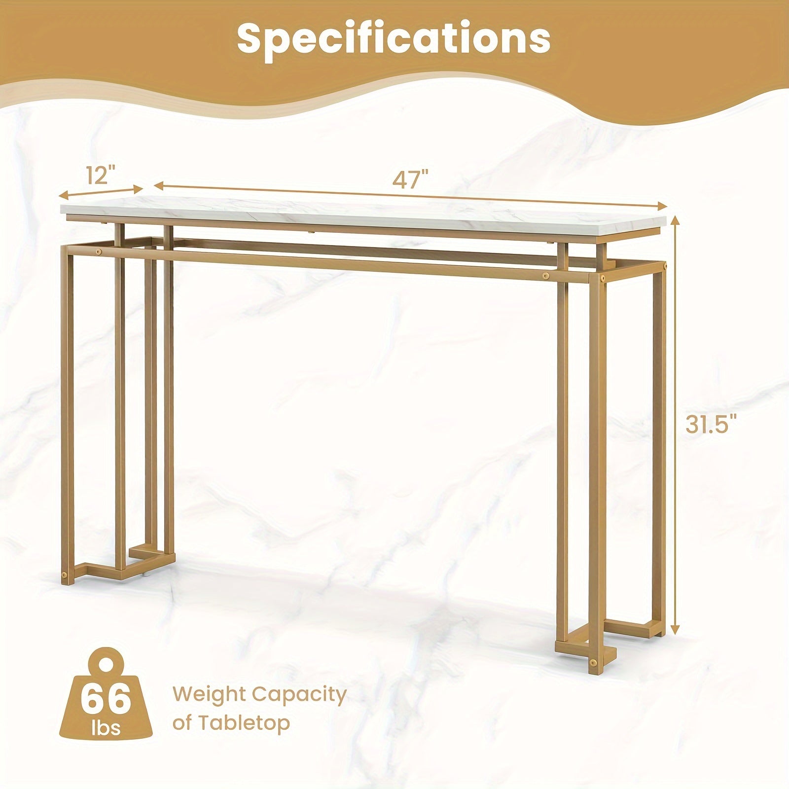 Elegant 120 cm White Faux Marble Top Console Table with Golden Metal Frame - Modern Entryway Table with Anti-Toppling Kit, Adjustable Feet for Stability, Waterproof & Durable - Perfect for Decor & Everyday Use, Console Table for