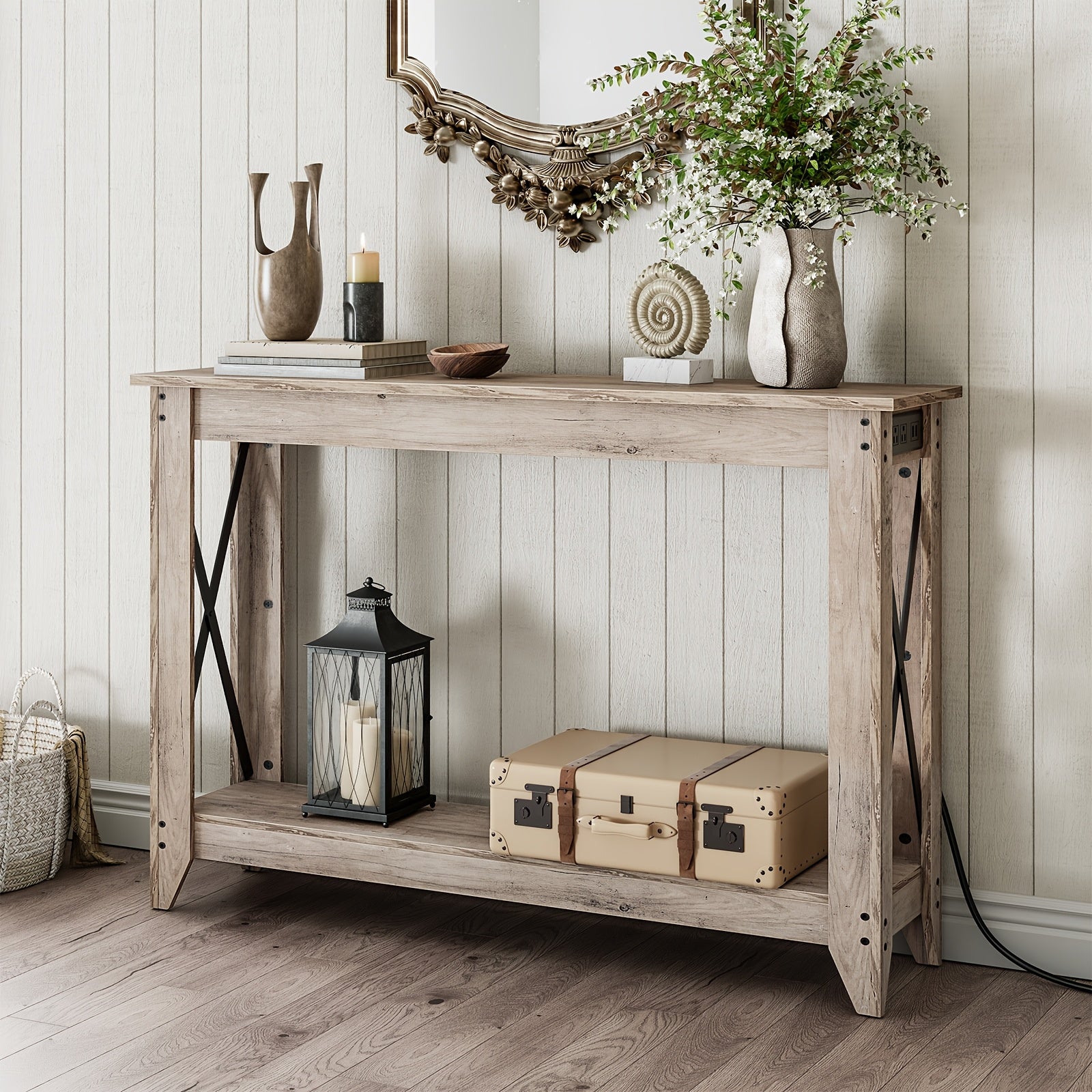 Rustic 120 cm Narrow Console Table with Built-In Power Outlet - Dual Tier Entryway Sofa Table for Foyer, Hallway & Living Room