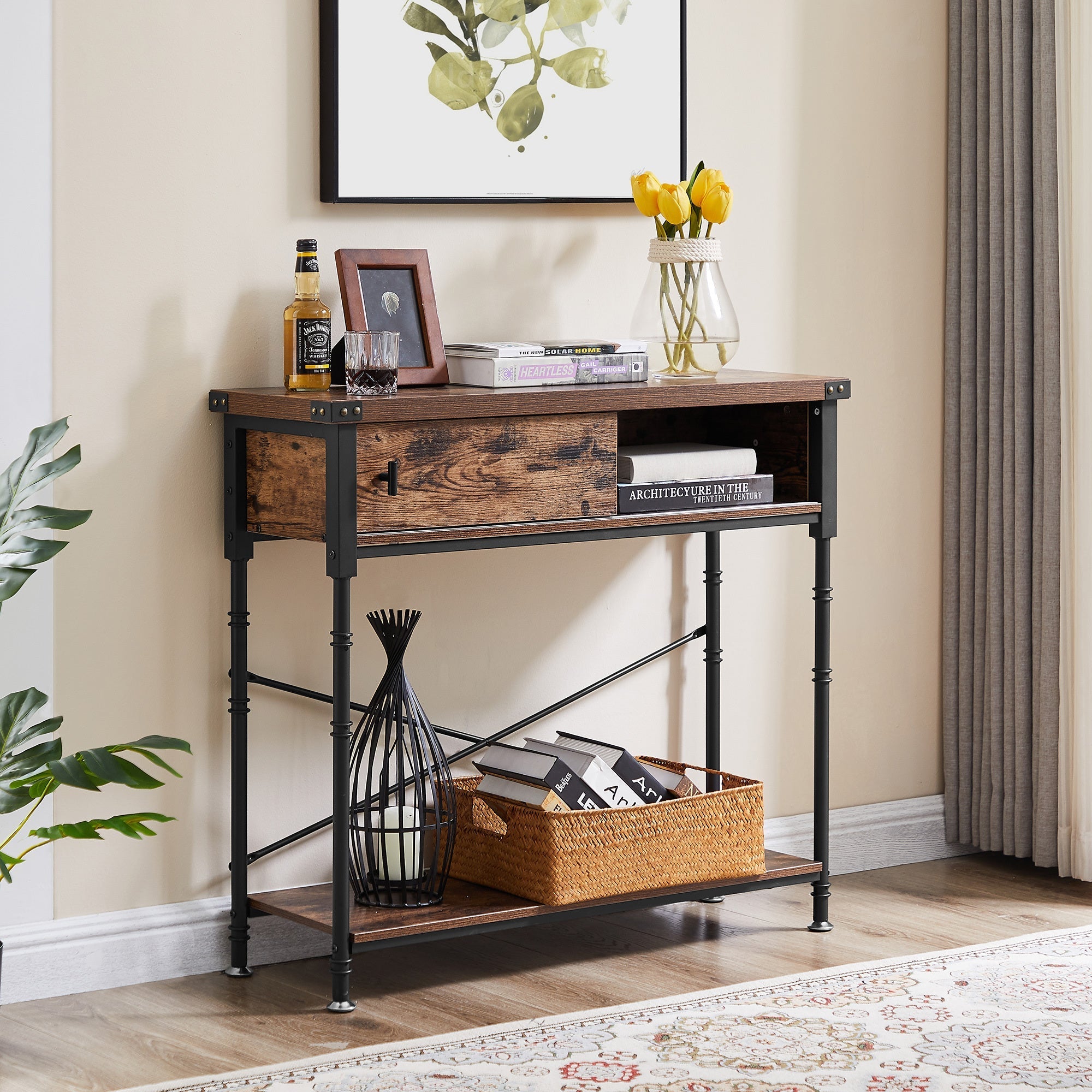 90 cm Console Table with Slide Drawer and Storage Shelf, Stable Metal Frame, Brown