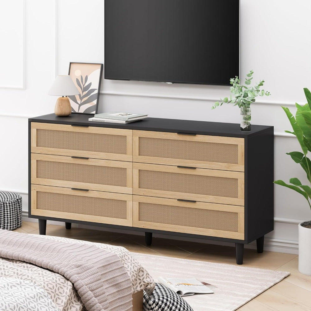 Chic Black Rattan 6-Drawer Dresser - Versatile Storage Chest for Bedroom & Living Room, Durable Hardwood with Metal Handles