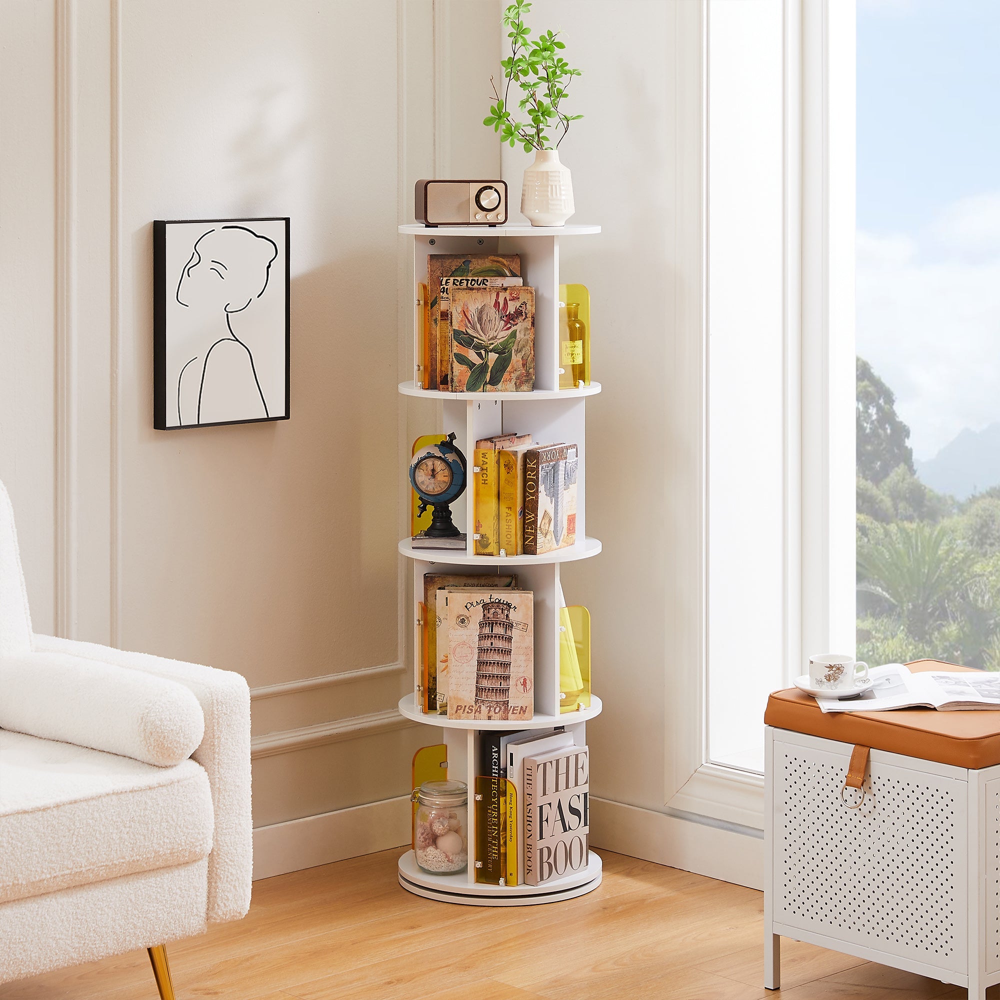 4-Tier Rotating Bookshelf 360 Floor Standing Round Bookshelf for Bedroom, Living Room