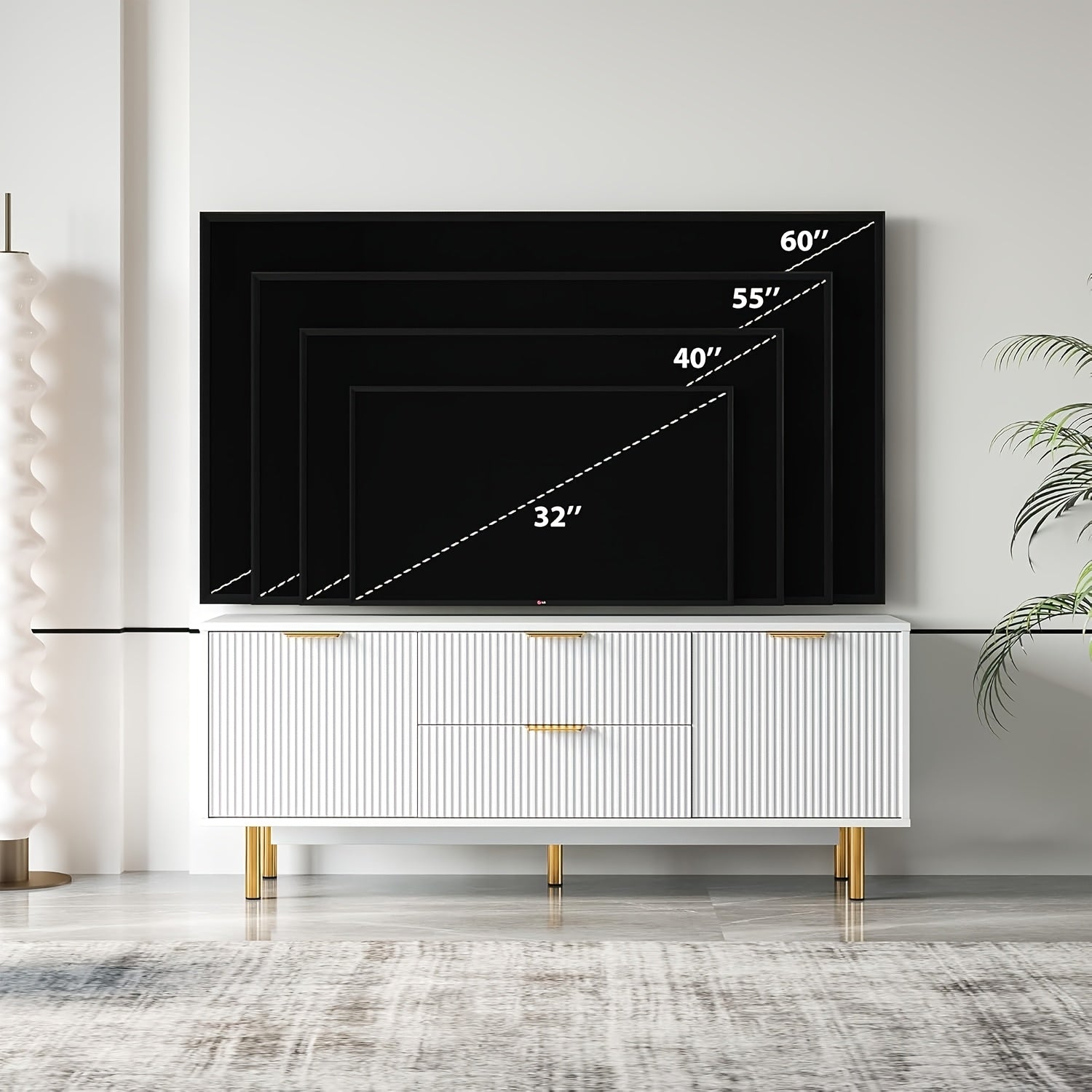 White TV Cabinet For TVs Over 65", Modern Living Room Entertainment Center With Storage, White TV Console Table For Bedroom, Corrugated Panel TV Cabinet With 2 Doors And Drawers