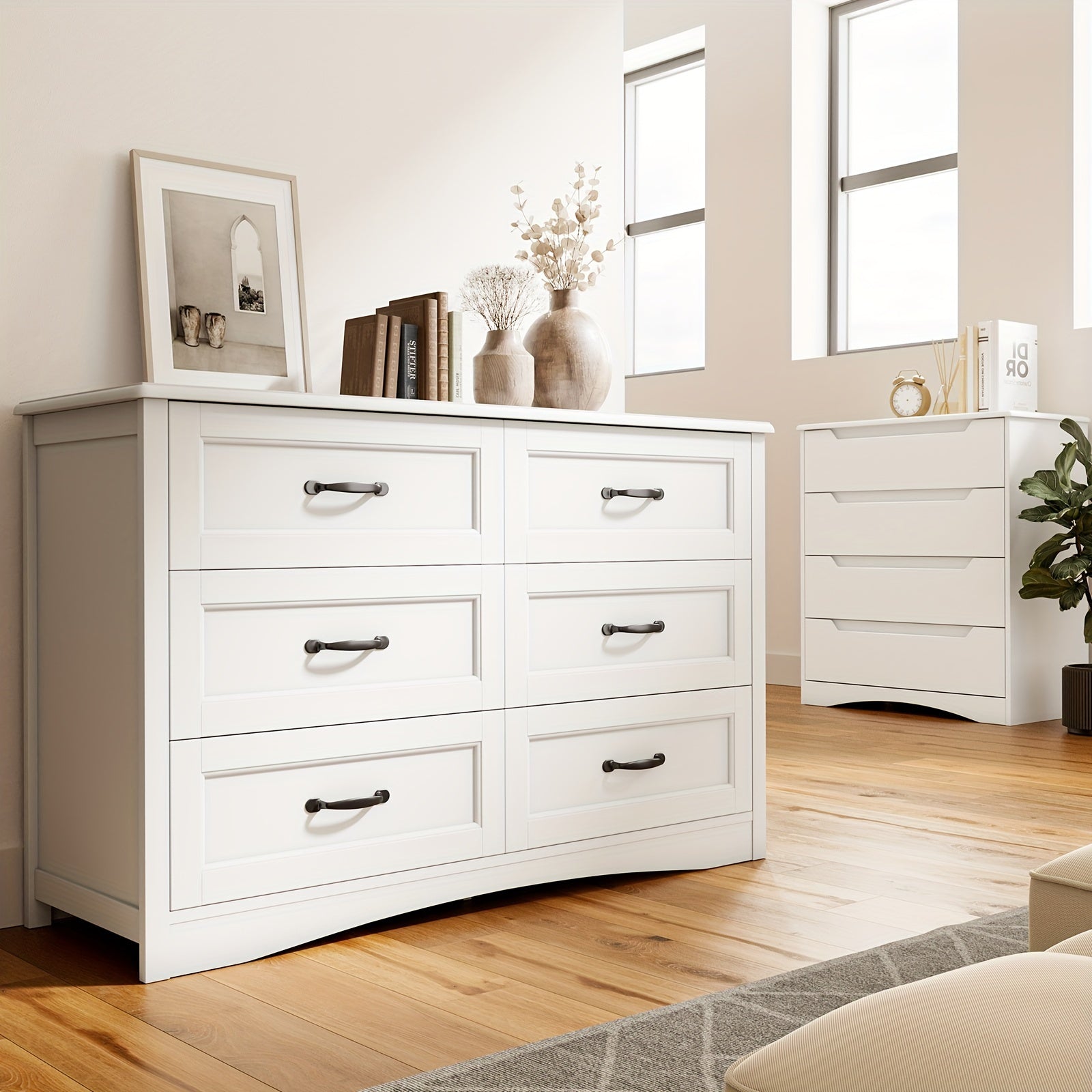 6 Drawer Dresser For Bedroom, White Dressers Chests Of Drawers With Mental Handle, Modern Wood Dresser For Cloakroom, Hallway, Entryway, White Storage Drawer Units