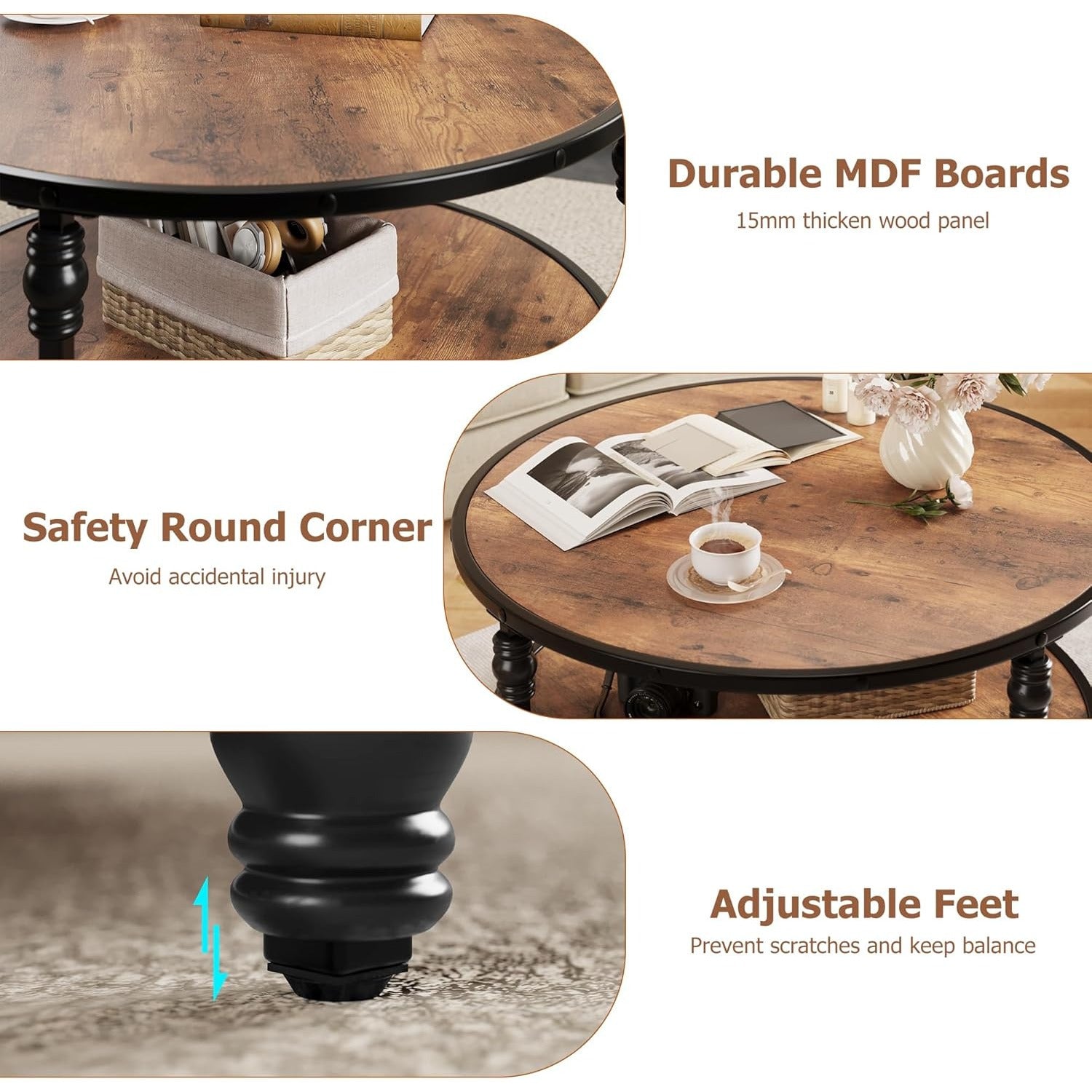 Coffee Table Round Rustic Center Table with Storage Shelf Wood Circle Coffee Table with Sturdy Metal Legs Living Room