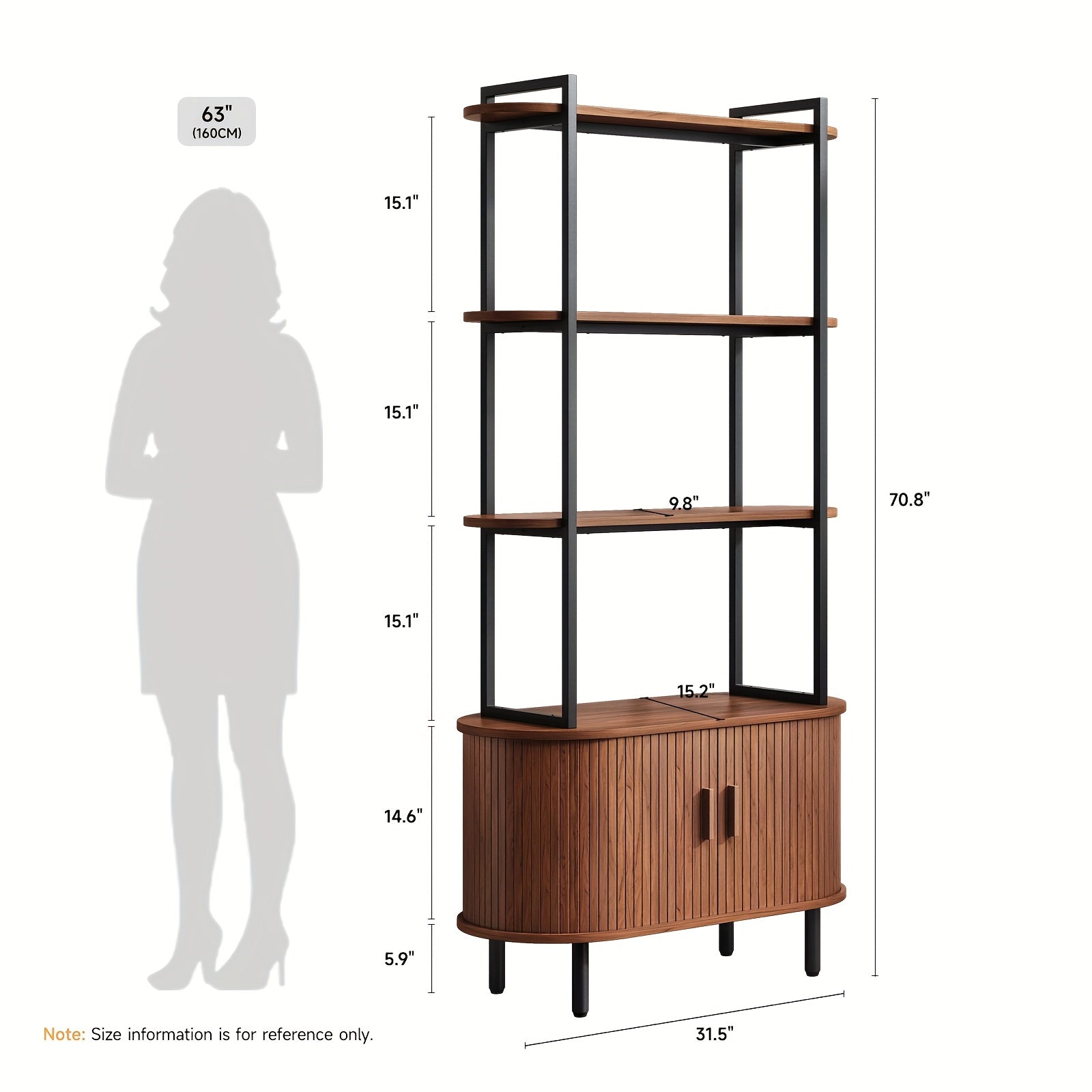 180cm Tall 4-Tier Bookshelf with Storage Cabinet, Modern Freestanding Bookcase with Sliding Doors and Adjustable Shelves, Walnut Finish, Ideal for Living Room or Bedroom, Bookshelf Decorations