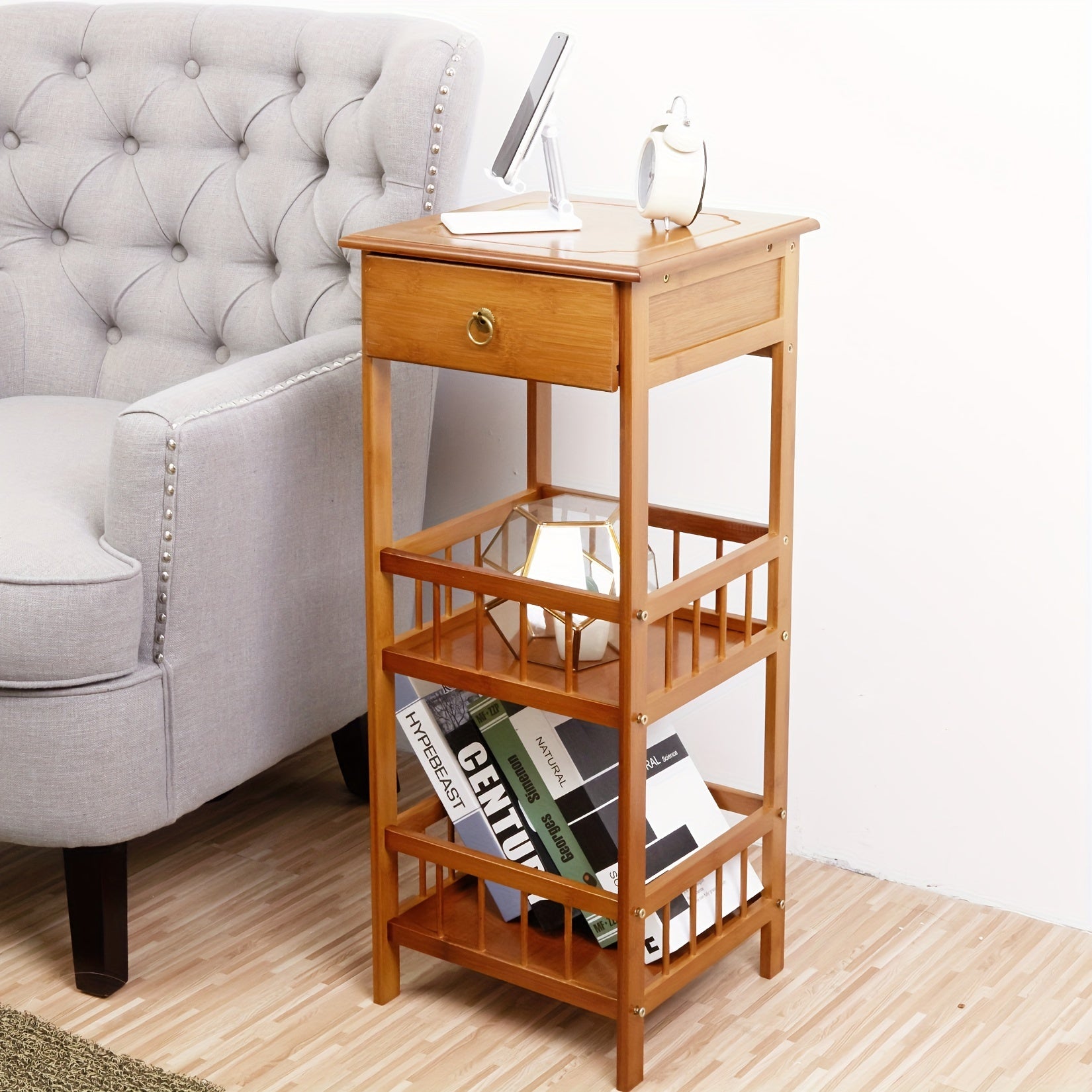 3-Tier Multifunctional Bamboo Bedside Table With Drawer Bedroom Couch Nightstand Plant Storage Shelf For Home