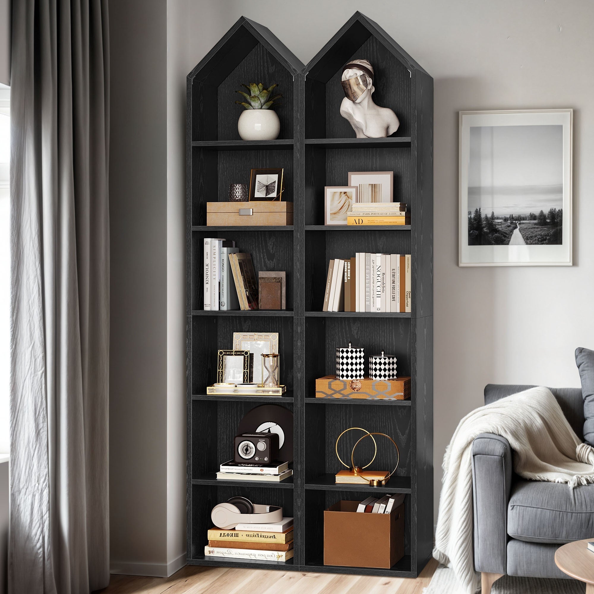 185cm Slim Modern Wooden Bookshelf - 6-Tier Open Display Rack with Storage, Narrow Design for Office, Living Room, or Study, Black with Decorative Accents