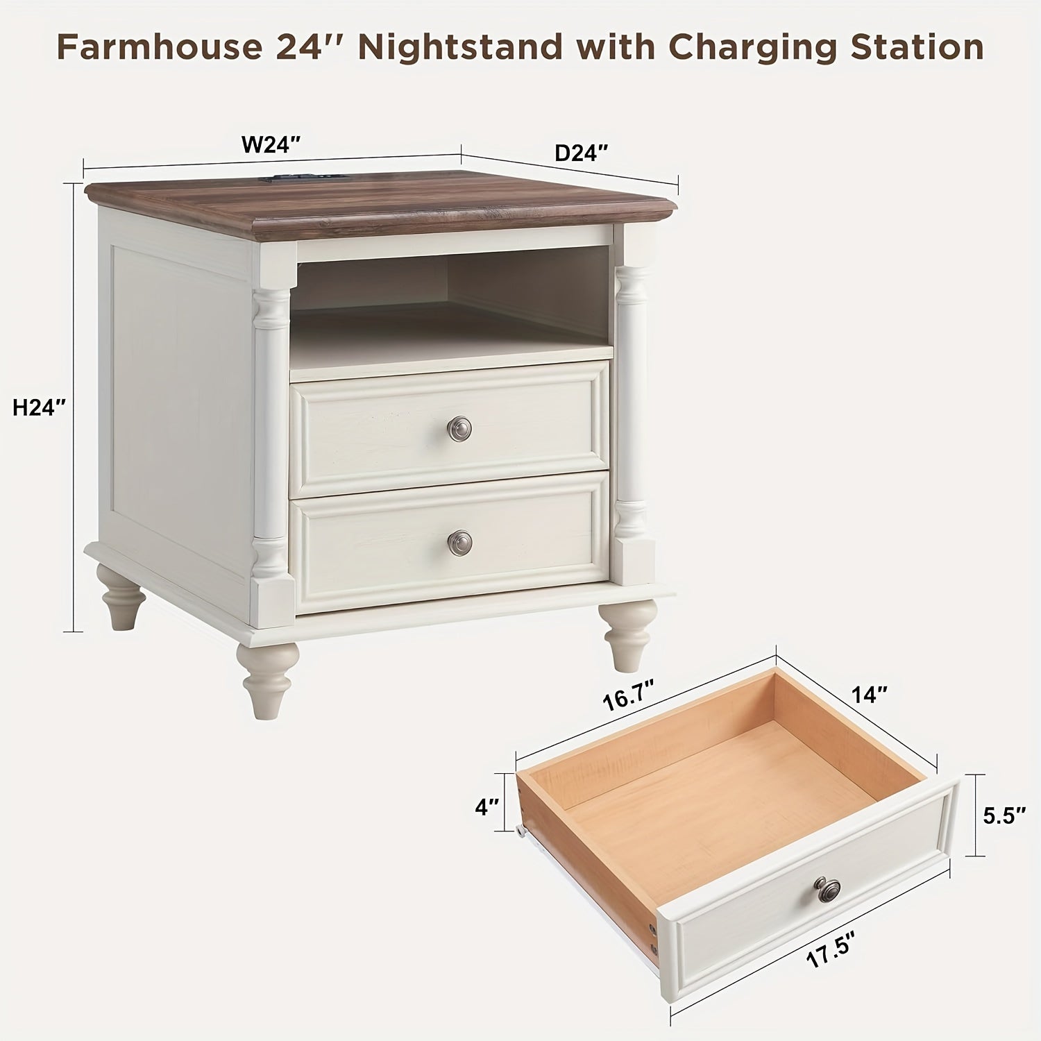 60cm Farmhouse End Table w/4 Solid Wood Feet, Large 2 Drawers Wide Sofa Side Table with Charging Station, Tall Rustic Wood Square Nightstand for Living Room, Bedroom, Office