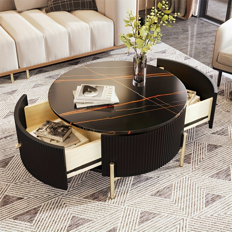 Modern Round Coffee Table With 2 Large Drawers - 31.5-Inch Storage Console For Living Spaces