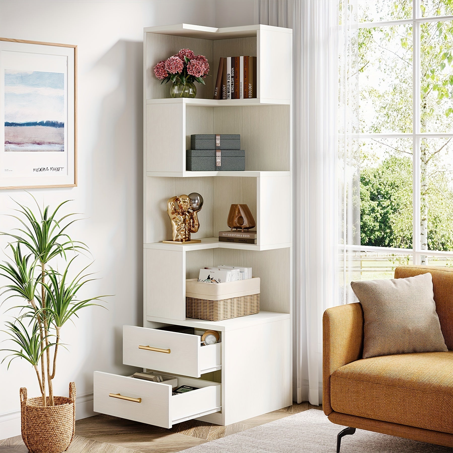 5-Tier Corner Bookshelf, 170cm Modern Bookcase with 2 Storage Drawers for Halloween, Beige