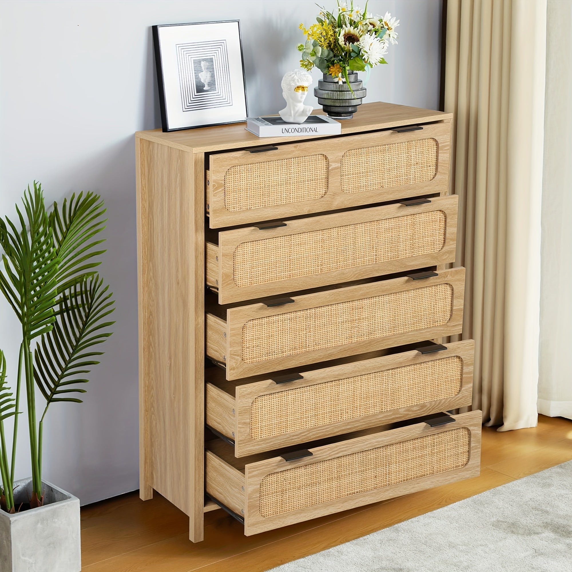 5 Drawer Dresser For Bedroom, Wide Chest Of Drawers With Storage, Rattan Nightstand Cabinet Dresser For Bedroom Hallway Living Room Entryway Office