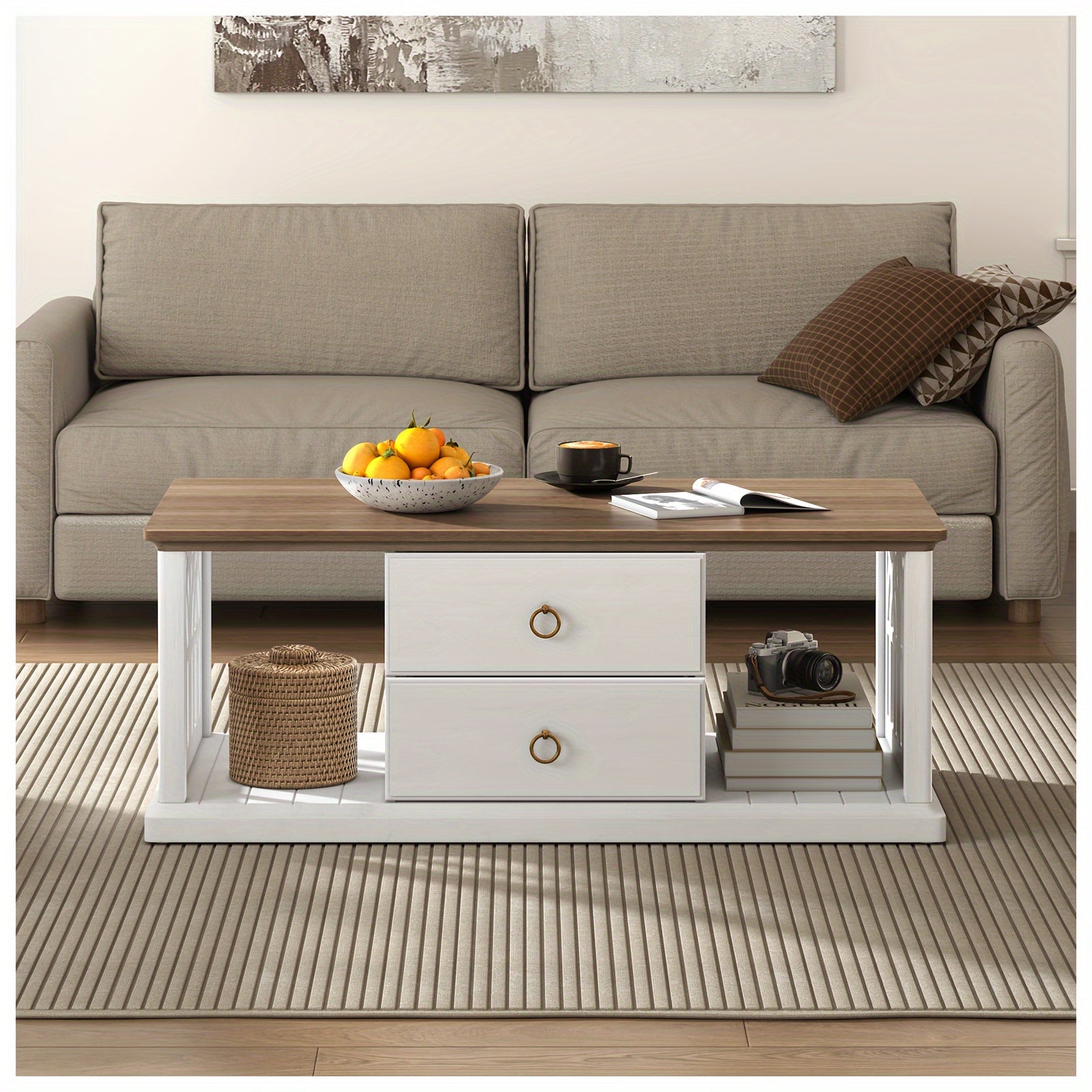 Farmhouse Coffee Table With Storage, Modern Coffee Table With Drawers, Rustic Rectangular Center Table With Solid Wood Legs, Coffee Tables For Living Room With Open Shelves, Office, Antique White