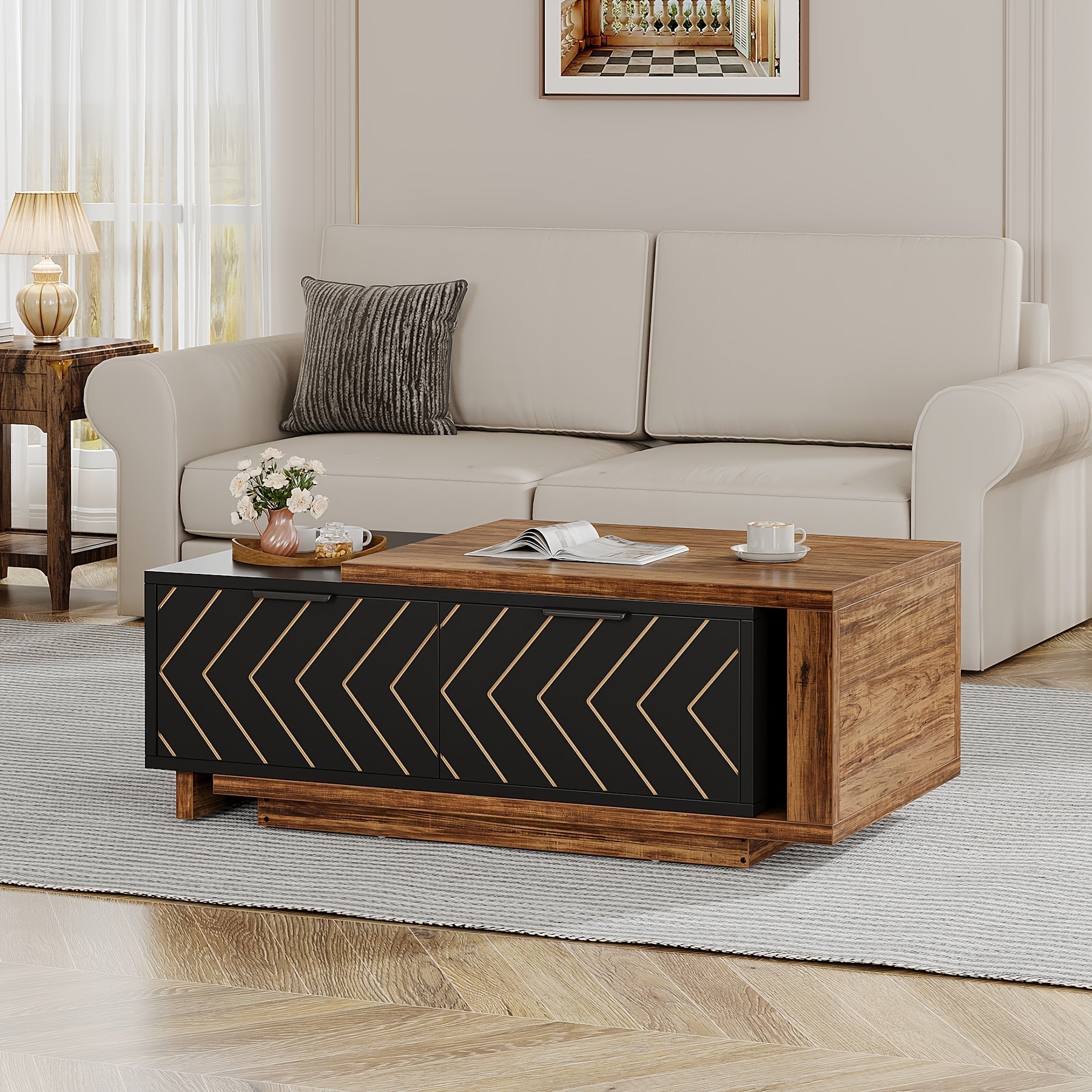 Versatile Dual-Tone Extendable Coffee Table - 106cm Adjustable, Reversible Wood Centerpiece with Spacious Storage Drawers for Living Room