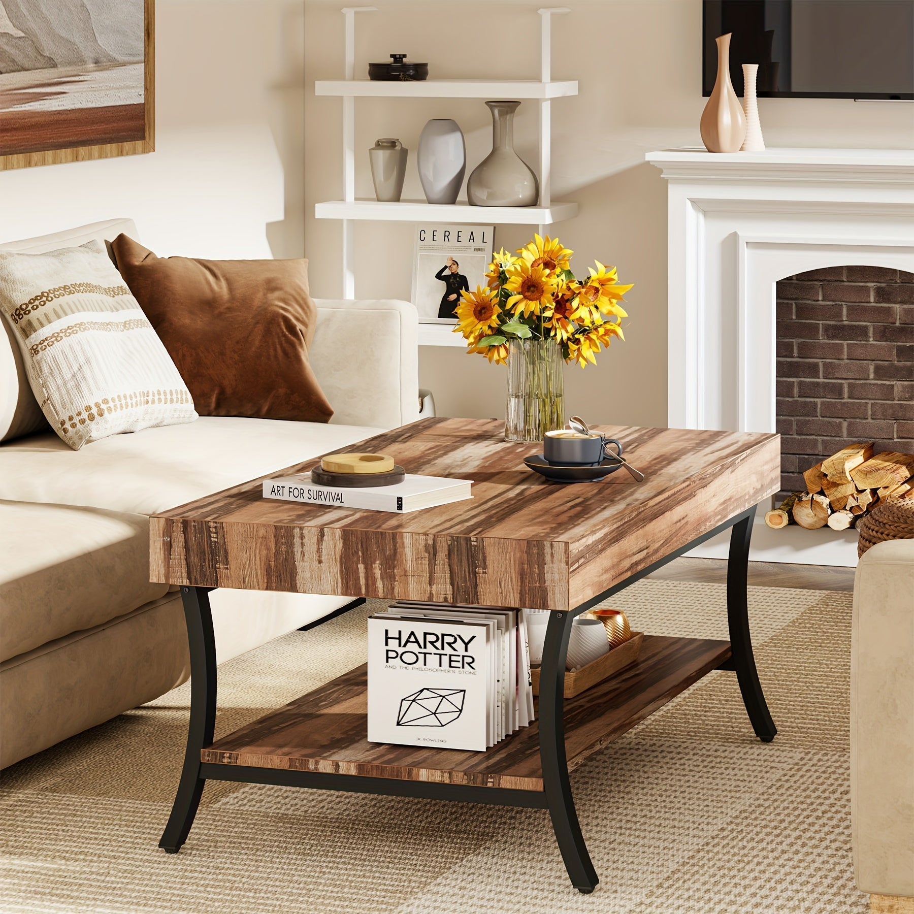 Charming Farmhouse Coffee Table With Storage, 2-Tier Rustic Industrial Design, Wooden Low Rectangle Table Ideal For Cocktails Or Tea, Perfect Centerpiece For Your Living Room