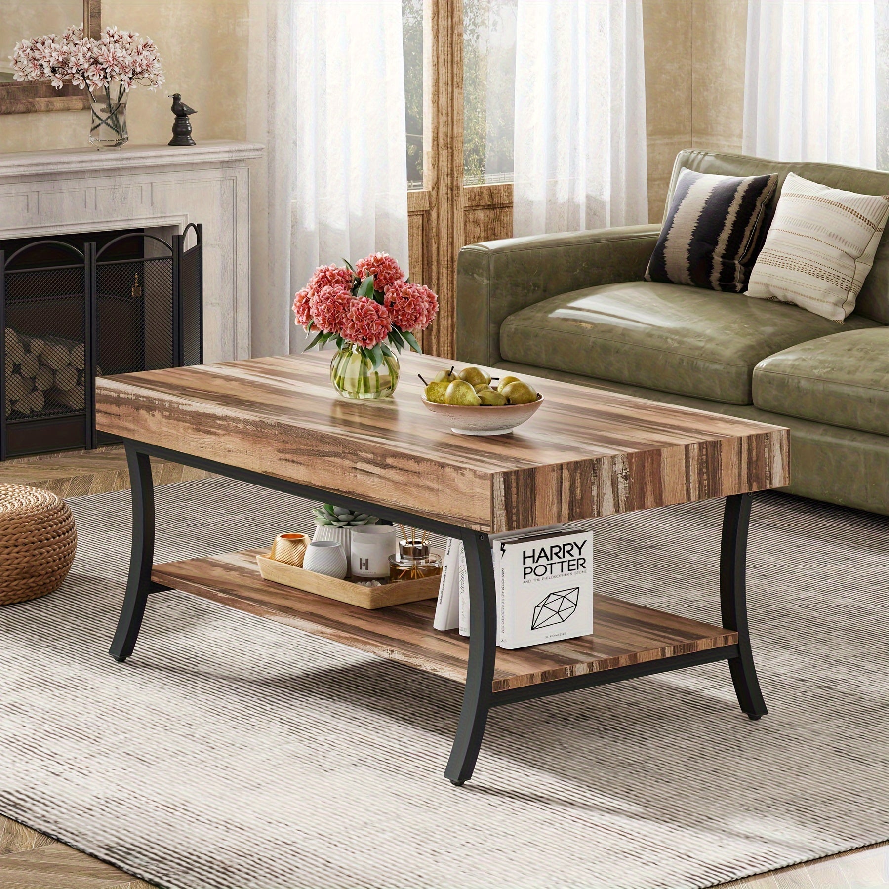 Charming Farmhouse Coffee Table With Storage, 2-Tier Rustic Industrial Design, Wooden Low Rectangle Table Ideal For Cocktails Or Tea, Perfect Centerpiece For Your Living Room