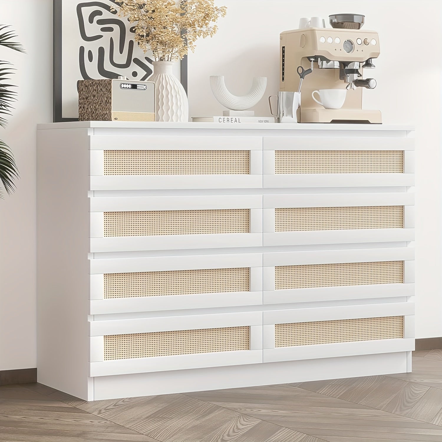 6/8-drawer rattan chest of drawers, easy to assemble, suitable for living room/bedroom/office, wooden