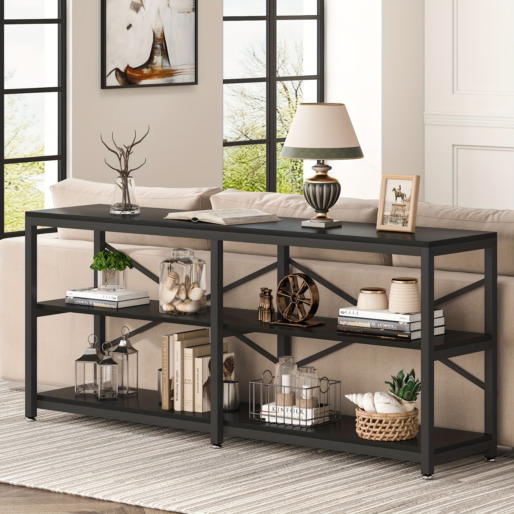 180 cm Extra Long Console Table, Modern 3-Tier Sofa Table with Storage Shelves, Ideal as Industrial Hallway Entryway Table or Bookshelf in Living Room, Featuring Functional Behind Couch Design