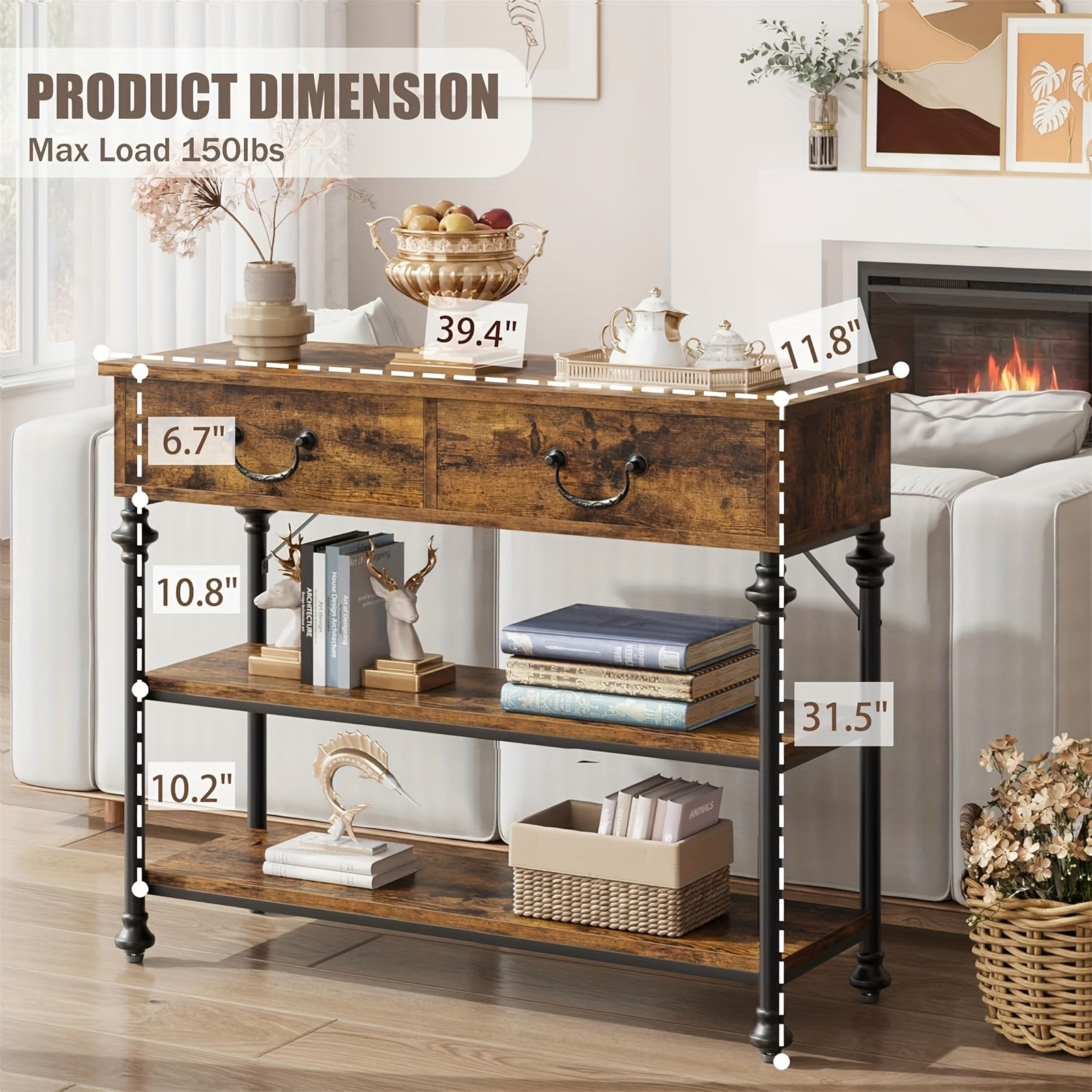 Console Table with Drawers, Narrow Entryway Sofa Table with Storage, 100 cm Behind Couch Table, Industrial Hallway Table Home Furniture for Living Room, Foyer, Bedroom, Rustic Brown