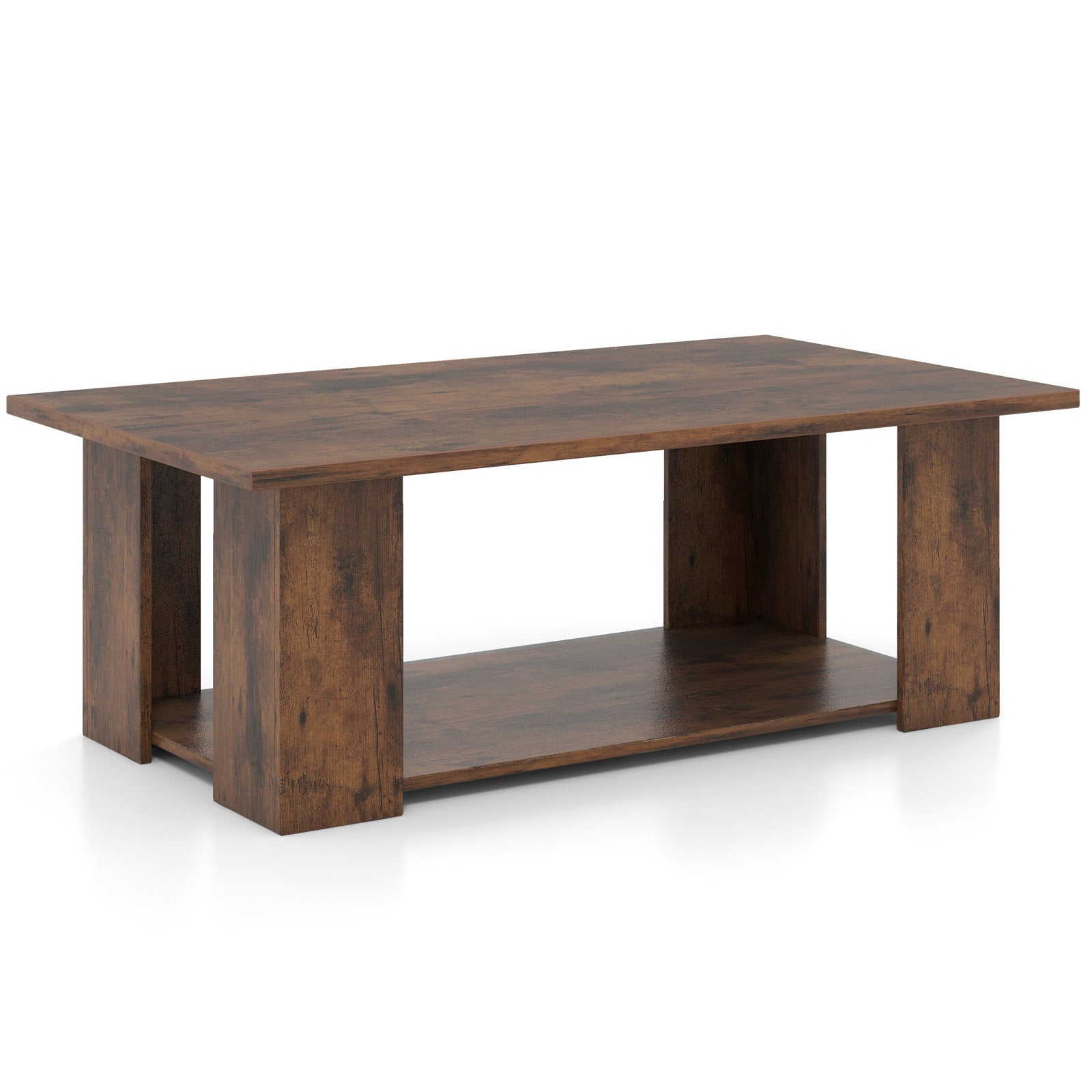 Classic Coffee Table with Storage Shelf, 2-Tier Rectangular Center Table for Living Room, Wood and Particle Board Construction, No Electricity Needed, Hardwood Series