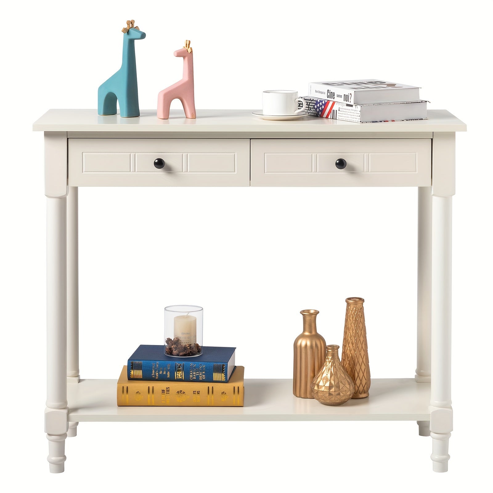 2-Tier Console Table with 2 Drawers, Console Tables for Entryway, Sofa Table with Storage Shelves, Entryway Table Behind Sofa Couch, for Living Room, Kitchen, Cream White (Dimensions in cm)