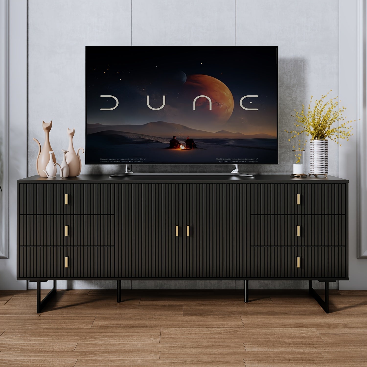 TV Stand For 59+ Inch TV, Modern Living Room Entertainment Center With Storage Cabinets, TV Table, Media Console With Ajustable Shelves & Cable Management, With 6 Large Storage Drawers Black