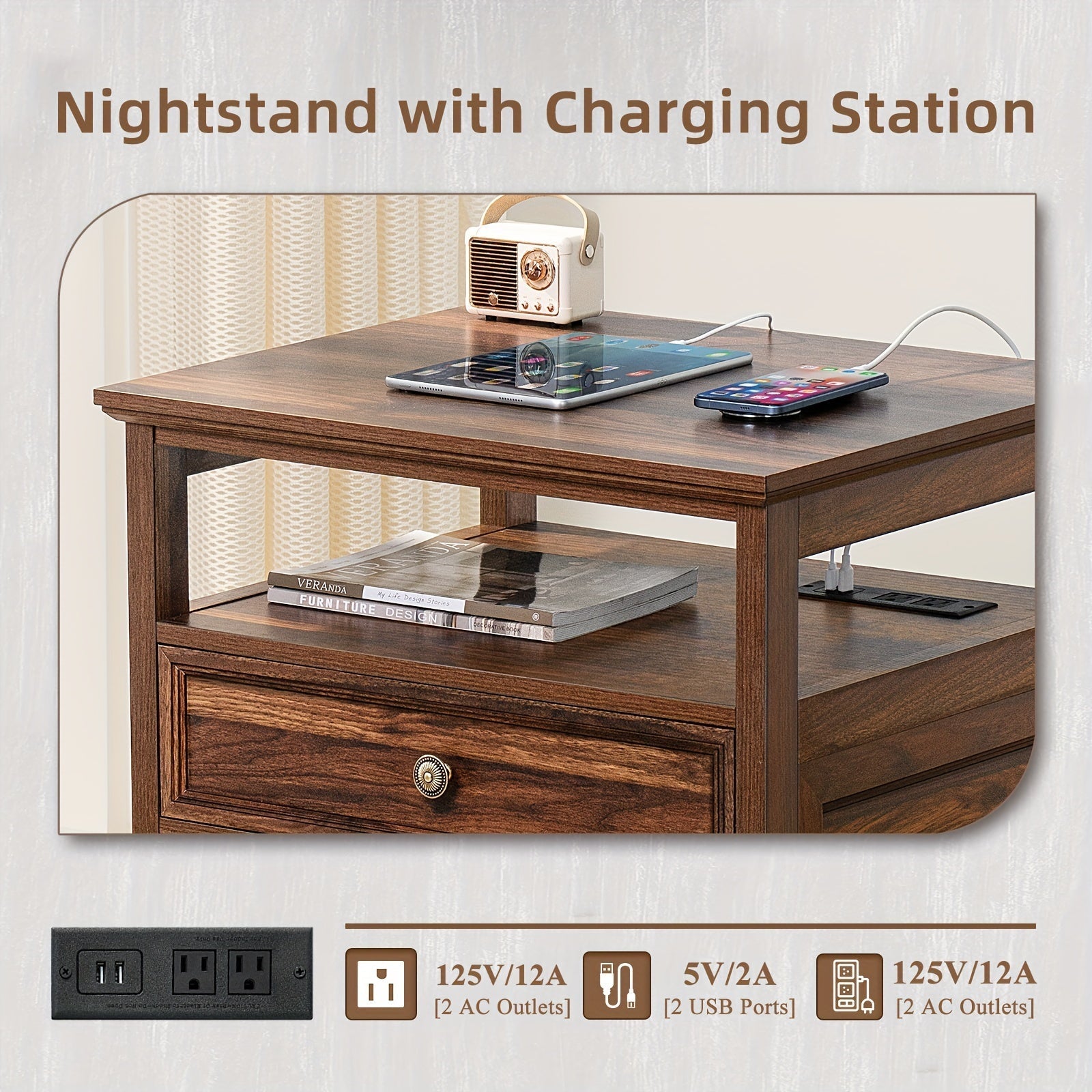 Farmhouse Nightstand With Charging Station, 23.6" Wide End Table With 2 Drawers, Brown Dresser For Bedroom, Bed Side Table Chest Of Drawers Cabinet, Wood Night Stand For Living Room, Closet