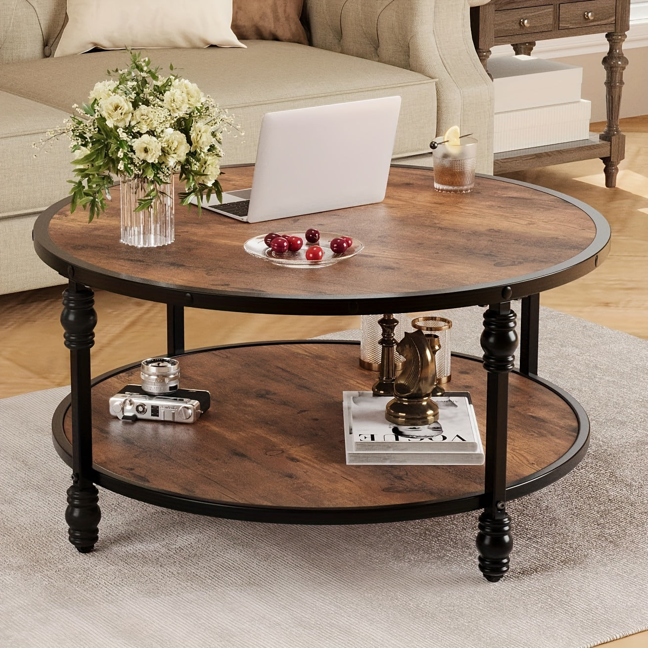 Round Coffee Table 88cm Industrial Center Table with Storage Shelf 2-Tier Rustic Accent Center Table Wood Circle Coffee Table with Sturdy Metal Legs, Easy Assembly