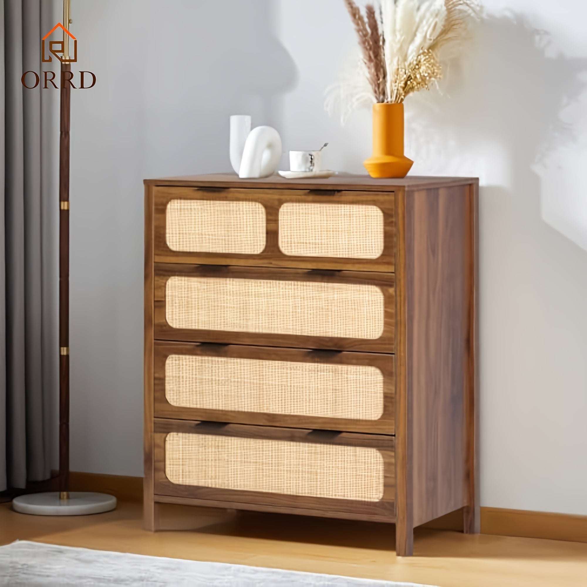 4 Drawer Dresser, Modern Rattan Dresser Chest With Wide Drawers And Metal Handles, Farmhouse Wood Storage Chest Of Drawers For Bedroom, Living Room, Hallway, Entryway