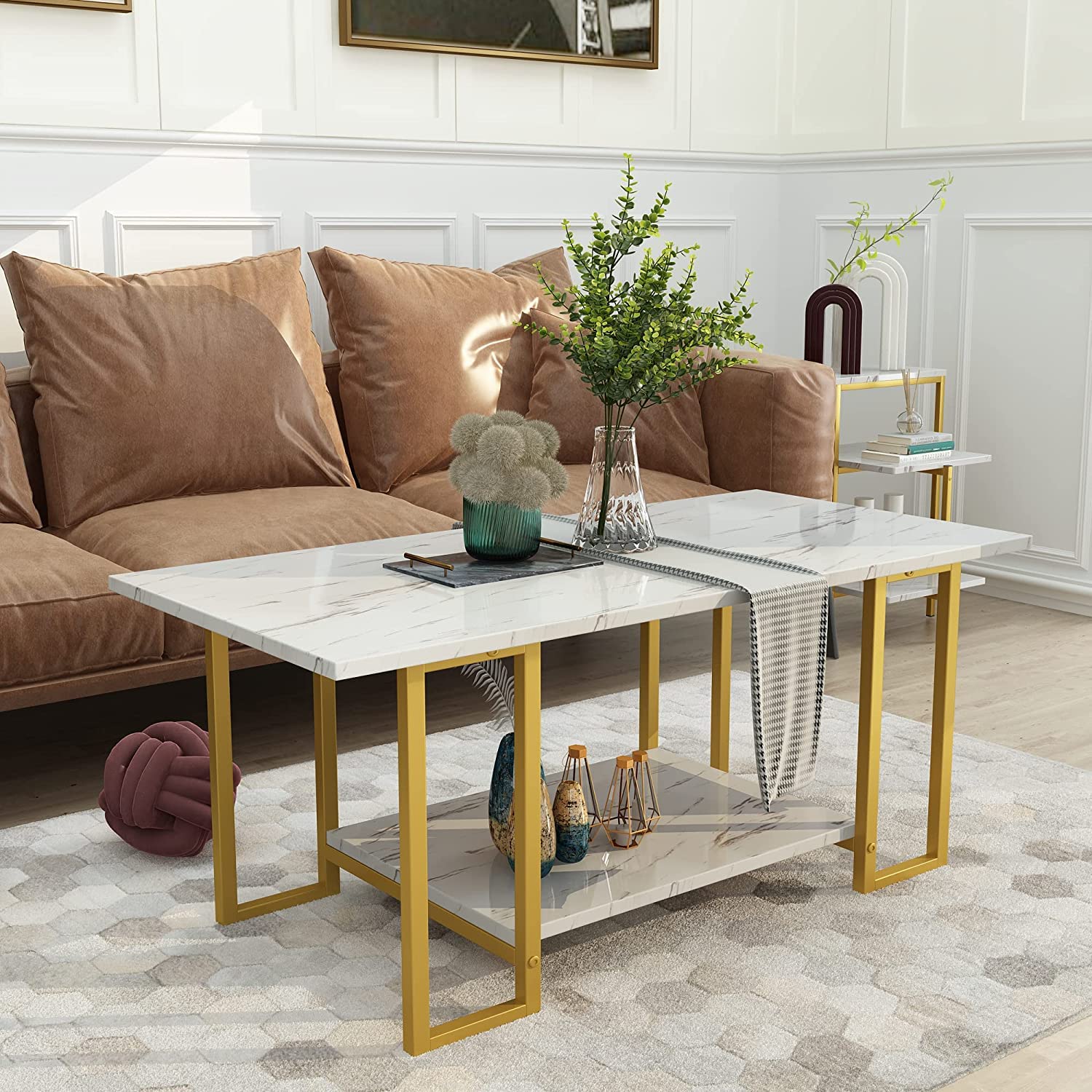 Modern Faux Marble Table Set, Coffee Table with 2 Side Tables, Elegant Metal Frame, Perfect for Living Rooms and Apartments