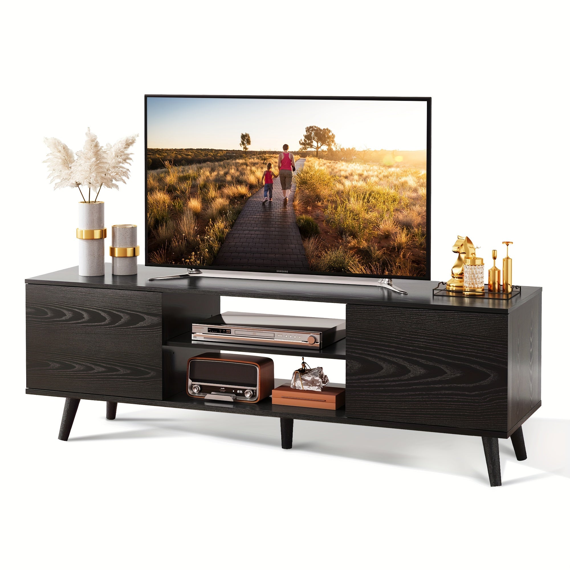 TV Stand For 55 60 Inch TV, Boho Entertainment Center With Storage Cabinets, TV Console For Living Room Decor