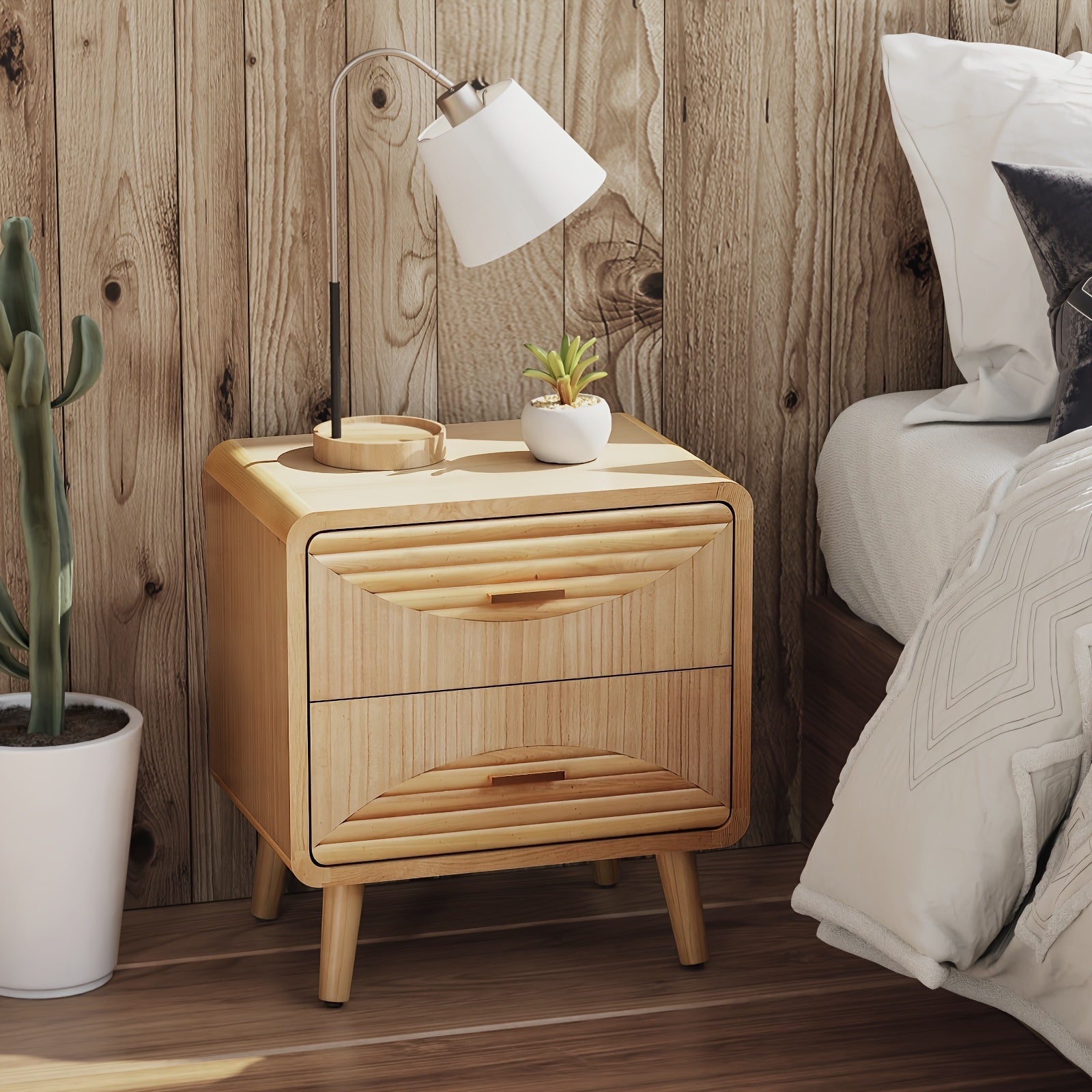 Chic Farmhouse 2-Drawer Nightstand in Natural Wood - Mid Century Boho & Rustic Style, Handcrafted Grain, Easy Assembly, Perfect for Cozy Bedroom Decor, Bedroom Wall Decor