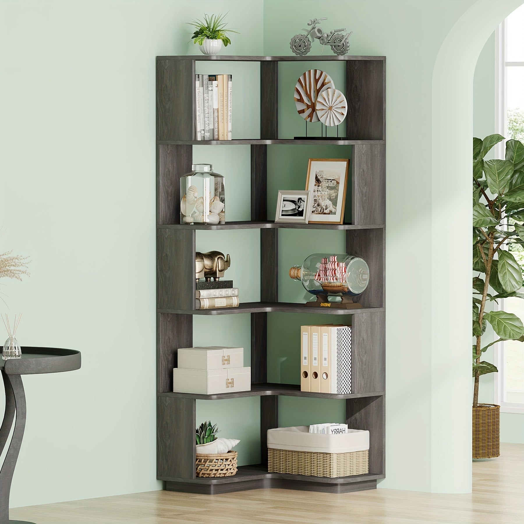 64.9 Inch Tall 6-Tier Corner Bookshelf With Anti-Drop Panel, Industrial Freestanding Display Rack And Storage Organizer For Home Office, Living Room