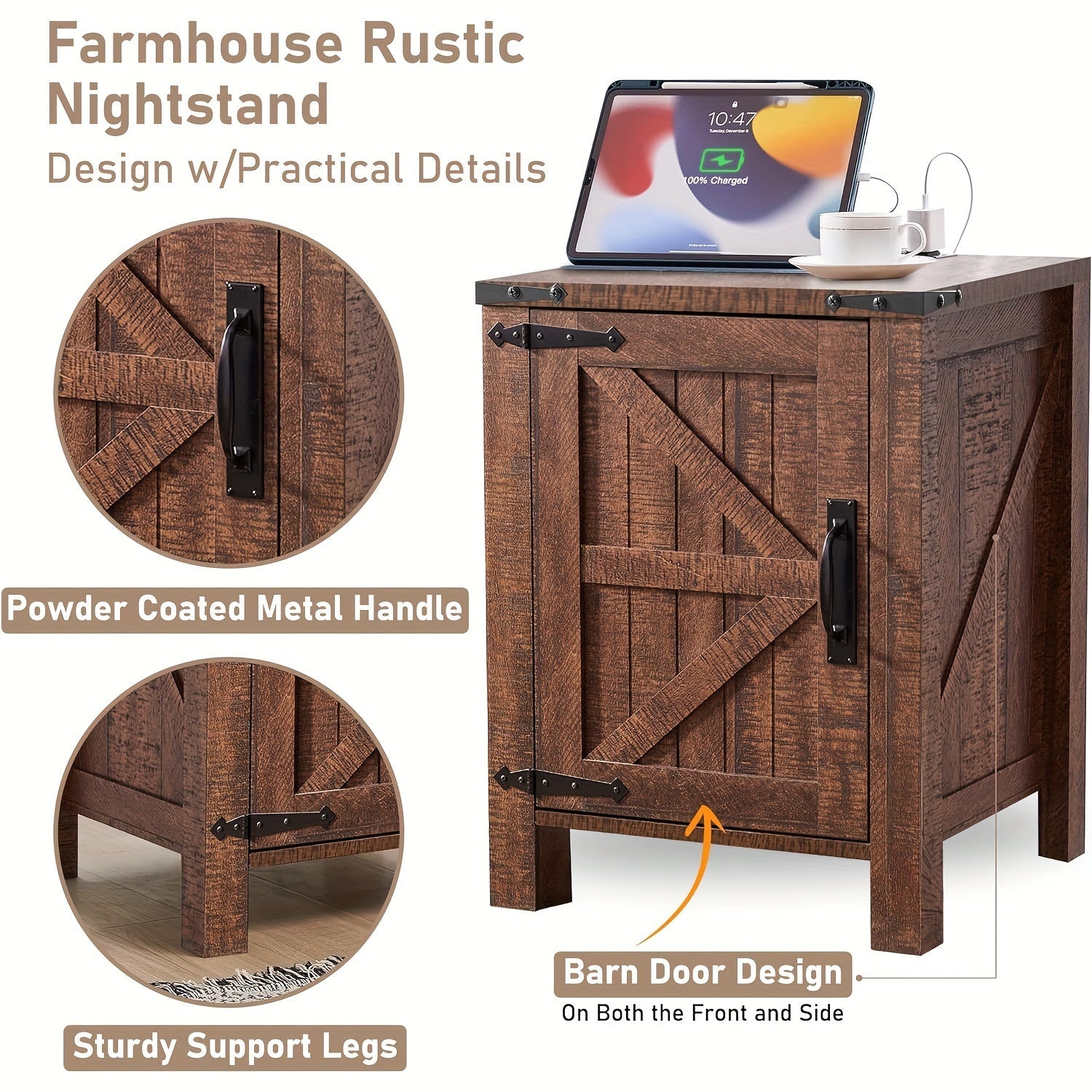 Nightstand w/Charging Station, 18 Inch Farmhouse End Table w/Barn Door and Adjustable Storage Shelf, Rustic Wood Sofa Side Table w/Magnetic Door for Living Room, Bedroom