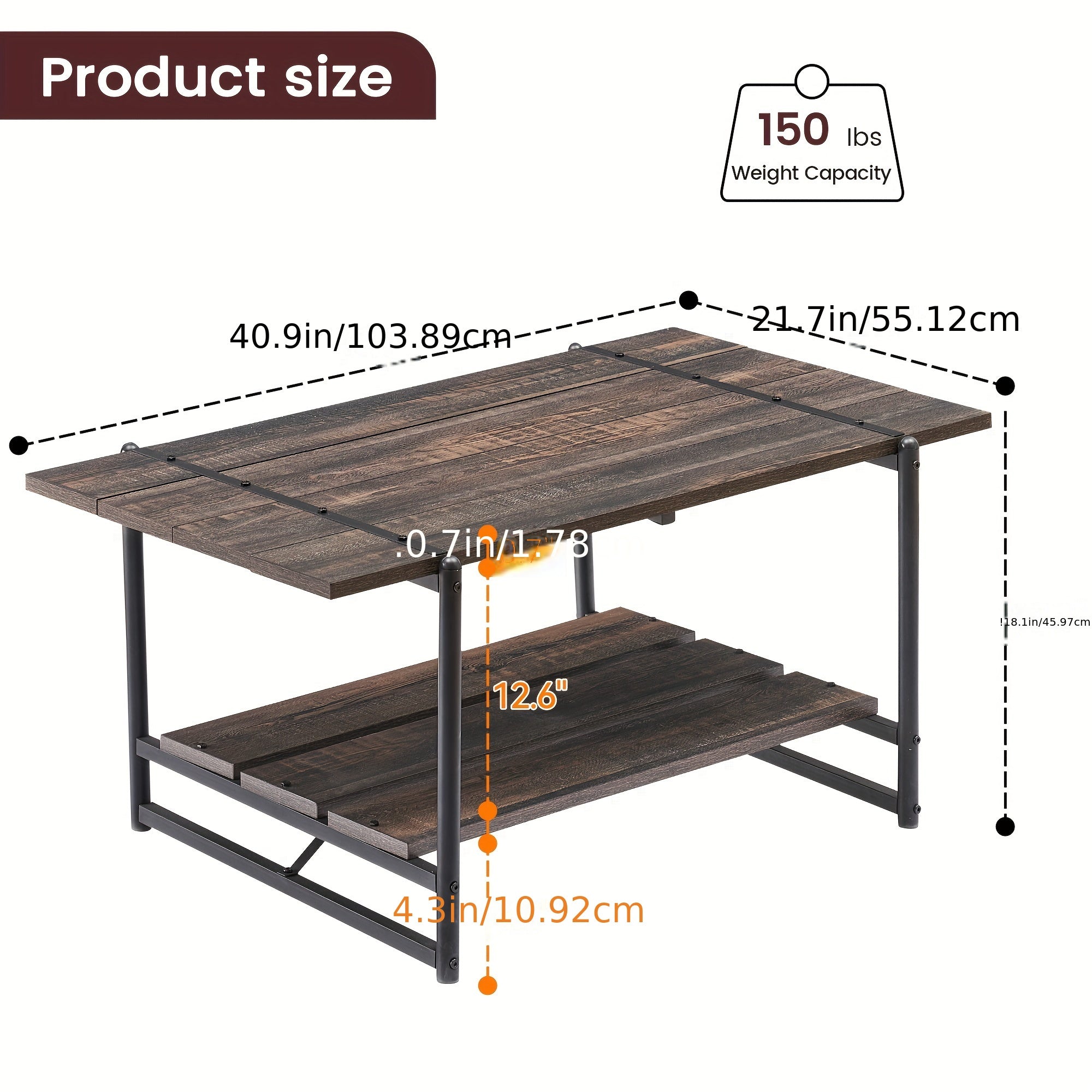 Rustic 2-Tier Wooden Coffee Table with Metal Frame, Large Storage Shelves, Industrial Design for Living Room or Home Office, Easy Assembly